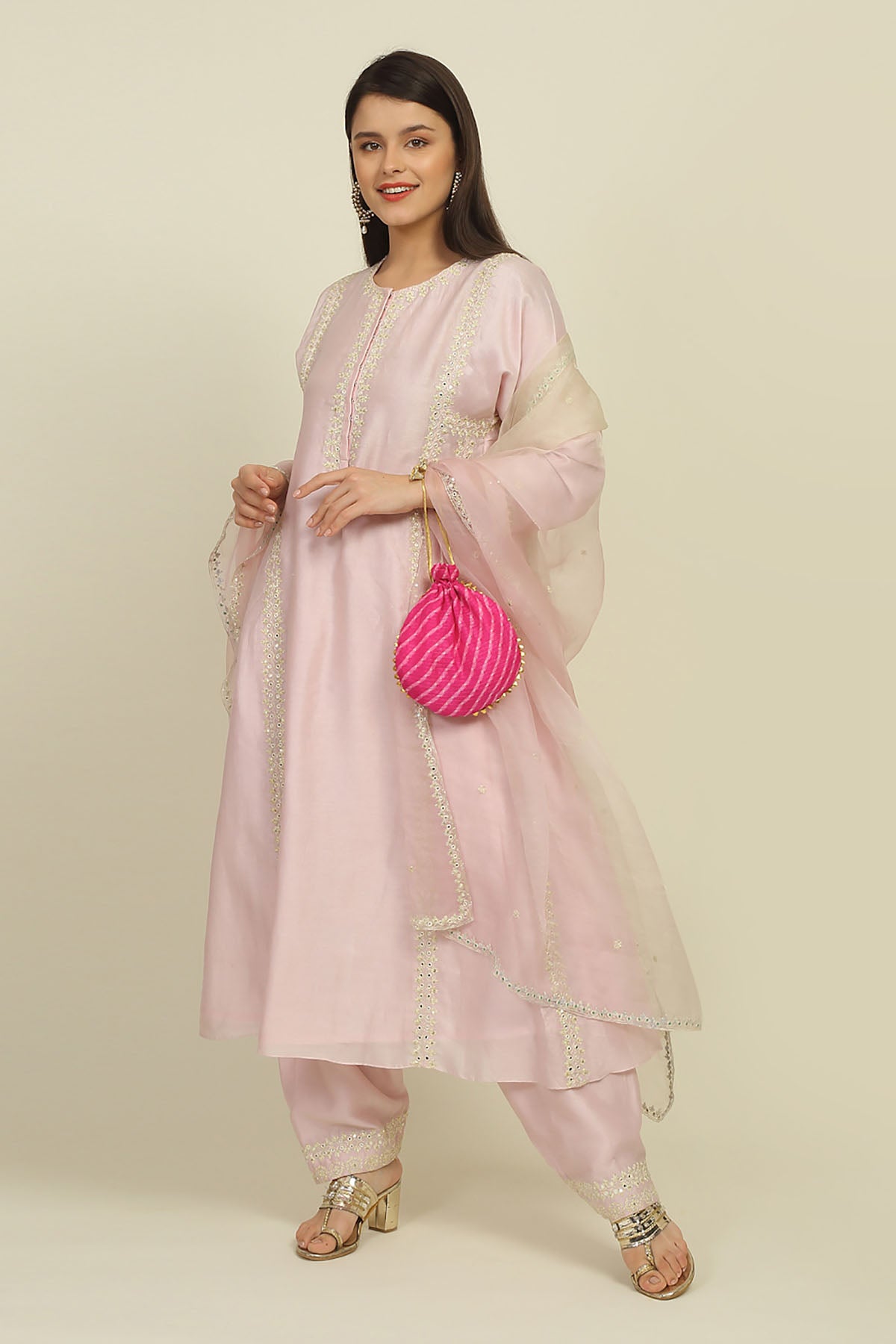 Baby Pink Chanderi Kurta Set