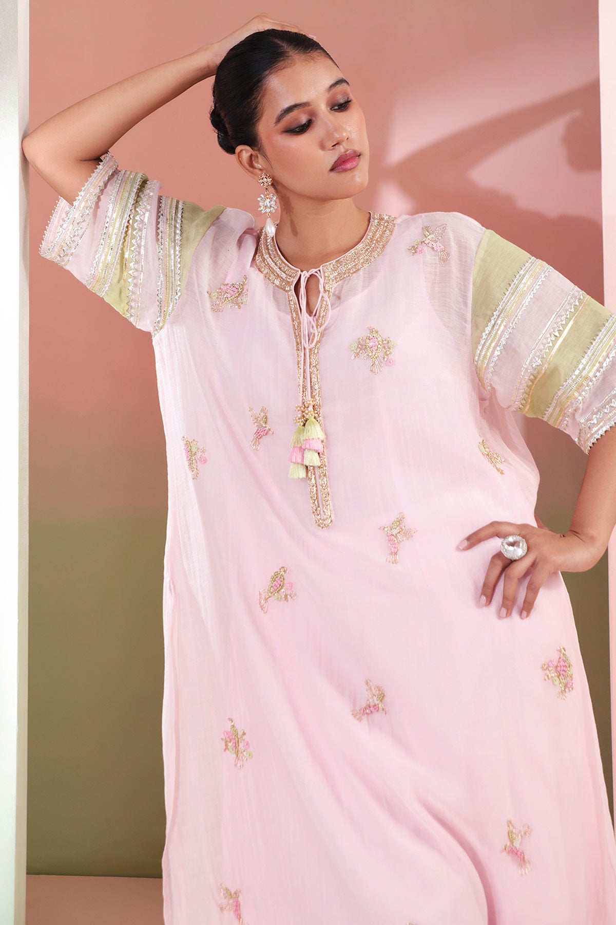 Baby Pink Beads Work Kurta Set
