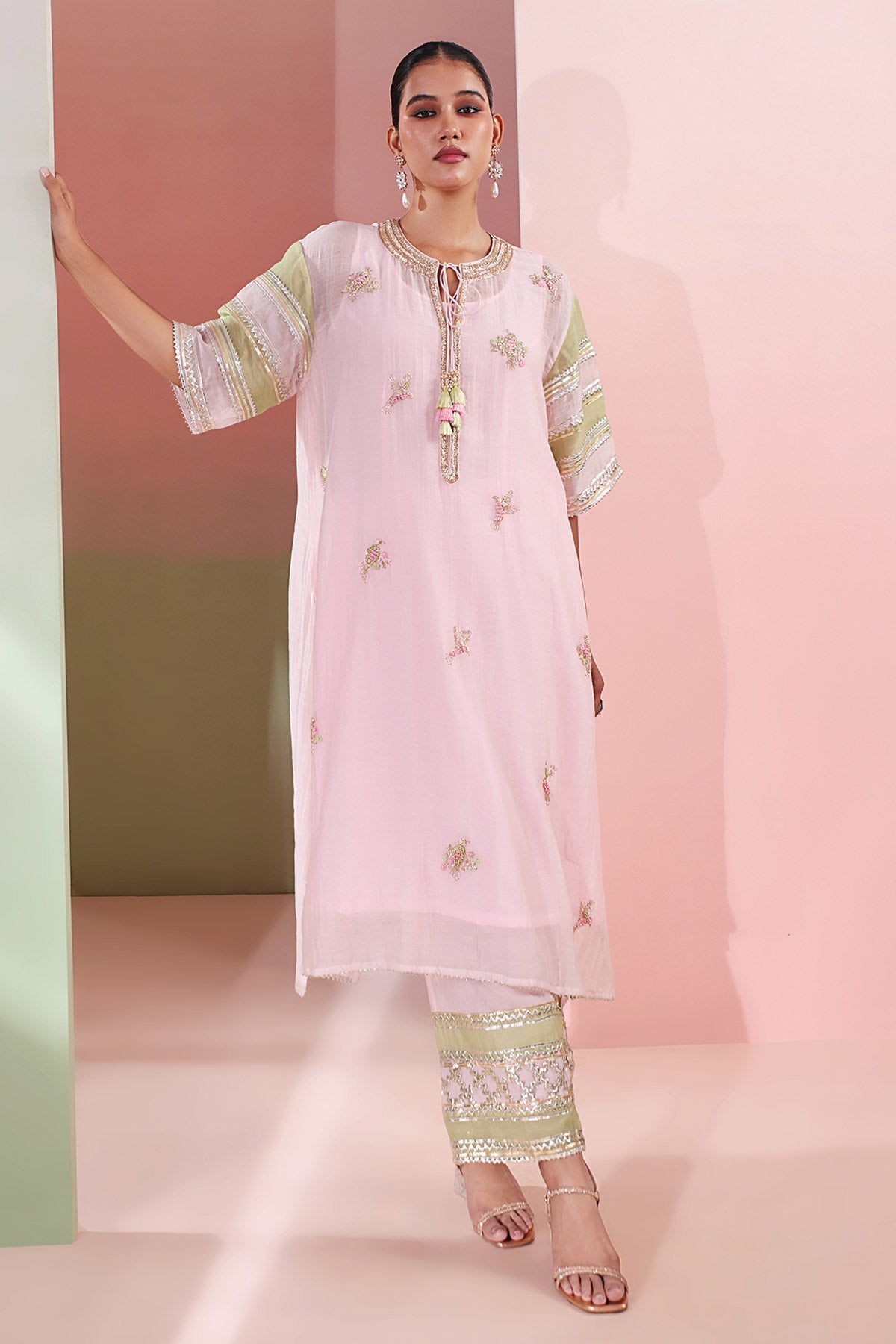 Buy Baby Pink Beads Work Kurta Set Set for women by Priyanka Jain online available at scrollnshops