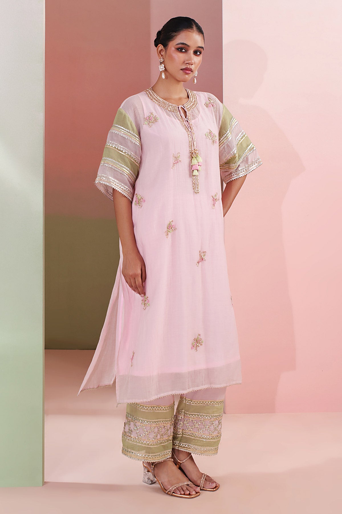 Baby Pink Beads Work Kurta Set