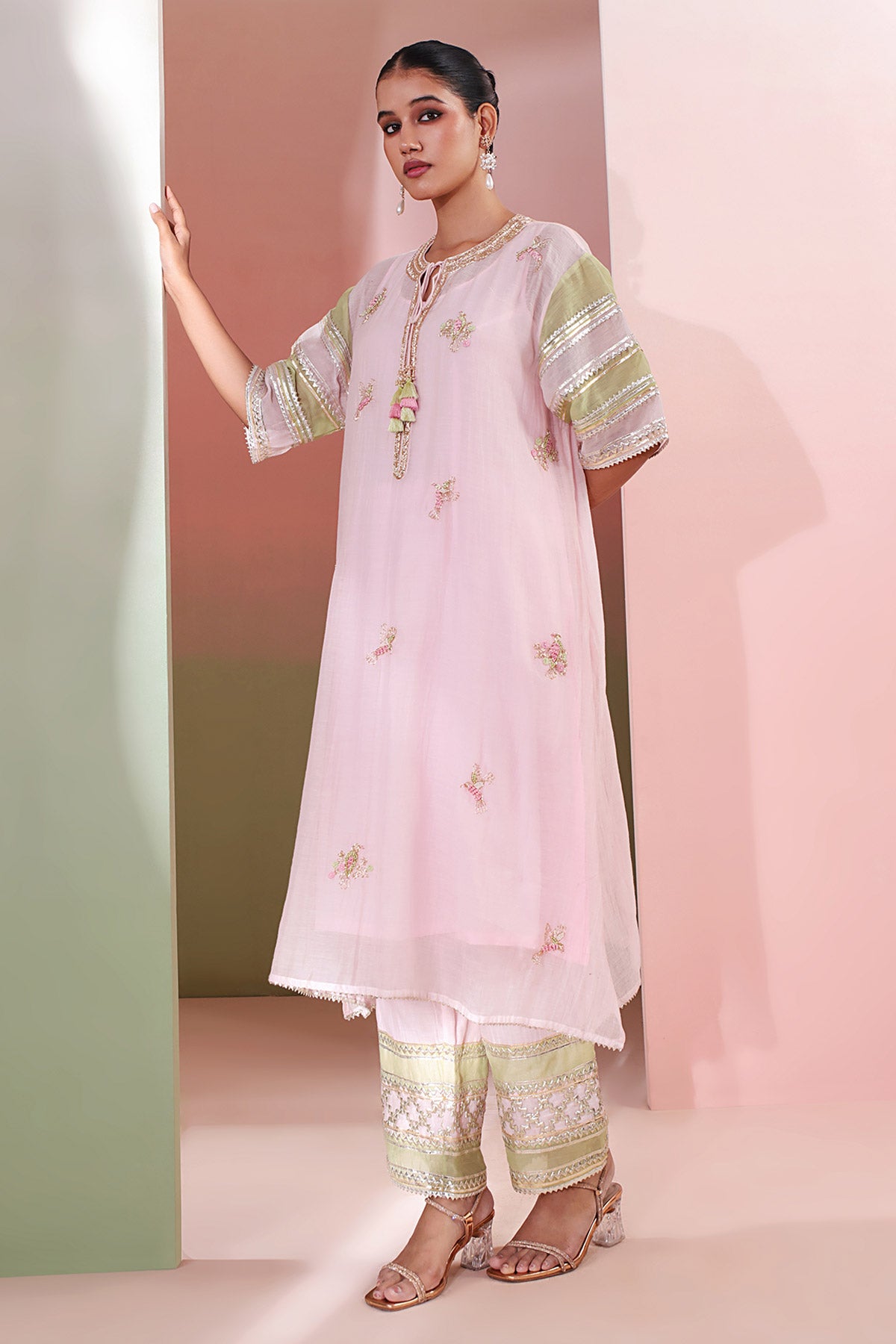 Baby Pink Beads Work Kurta Set