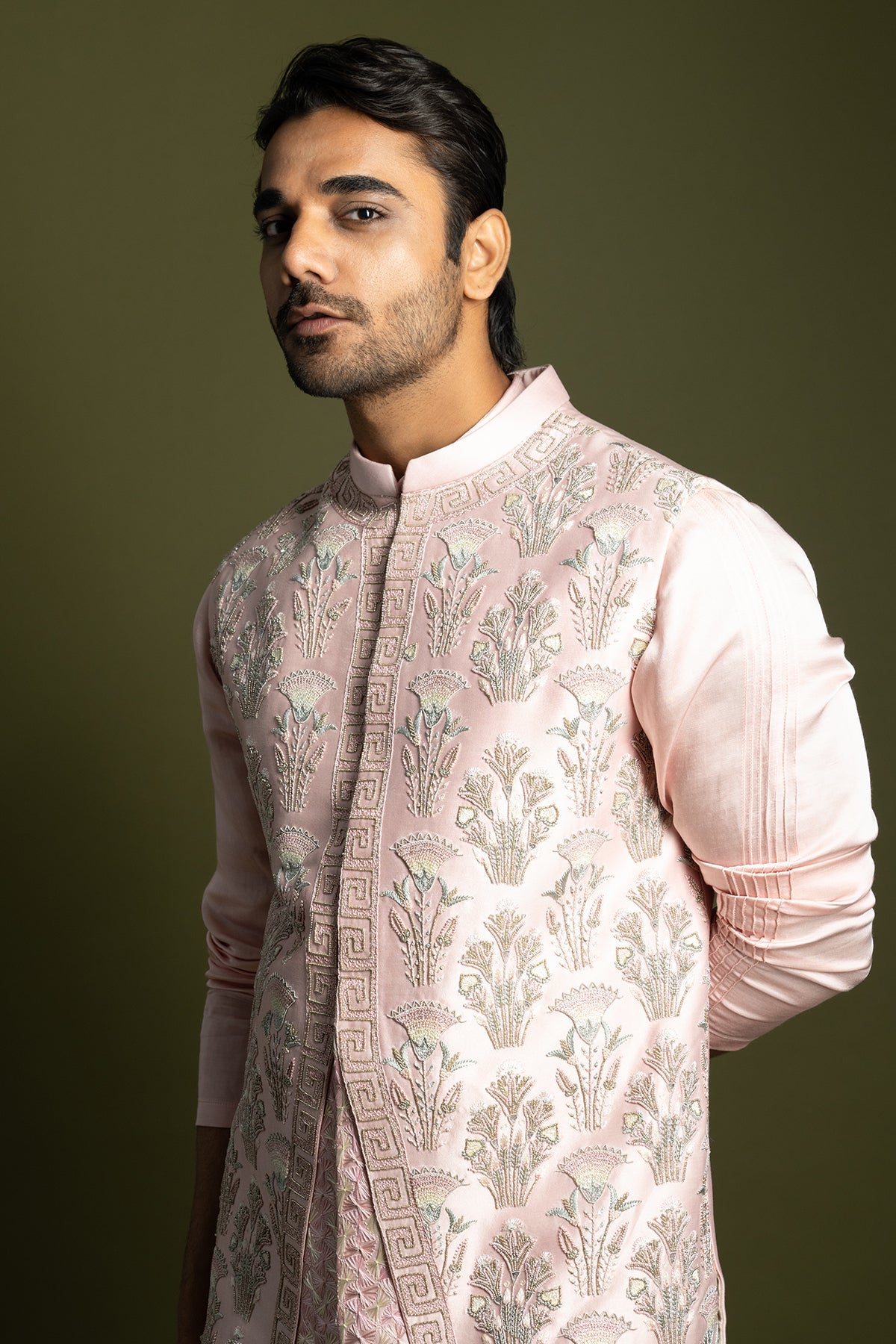 Buy Baby Pink Chanderi Bundi Jacket for men by Paarsh Atelier online available at scrollnshops