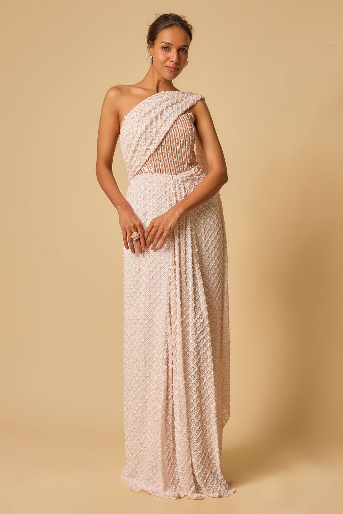 Baby Pink Embroidered Saree Gown