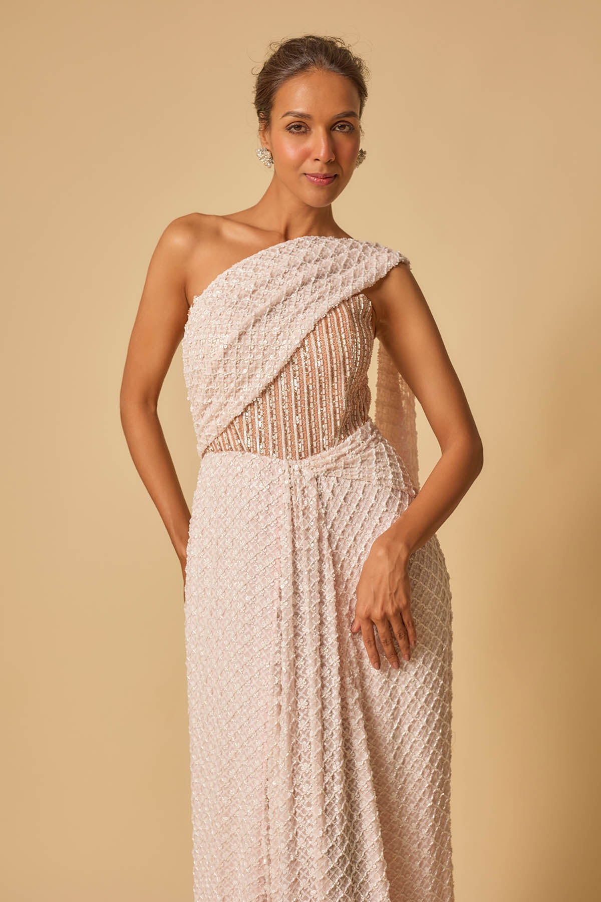 Baby Pink Embroidered Saree Gown