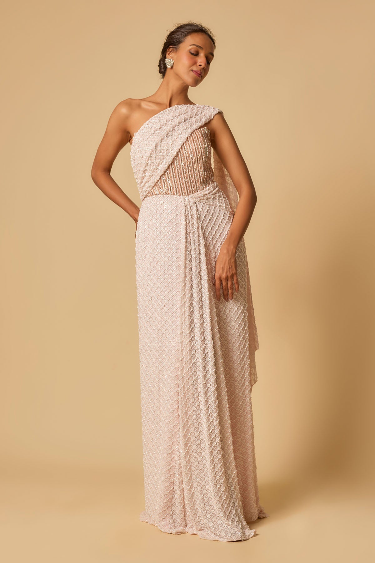 Buy Baby Pink Embroidered Saree Gown by Masumi Mewawalla for women online at ScrollnShops