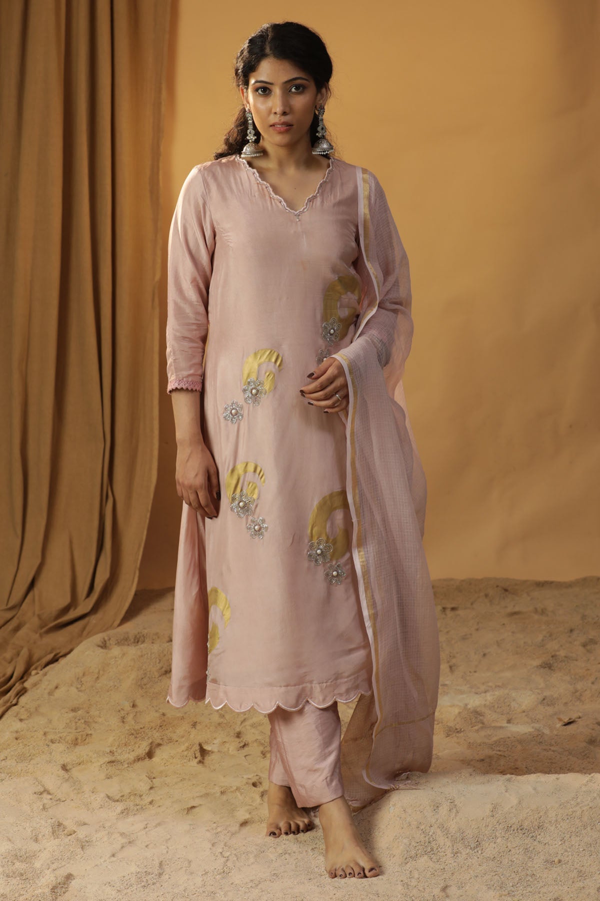 Arpita Sulakshana Baby Pink Foil Painted Kurta Set for women online at ScrollnShops