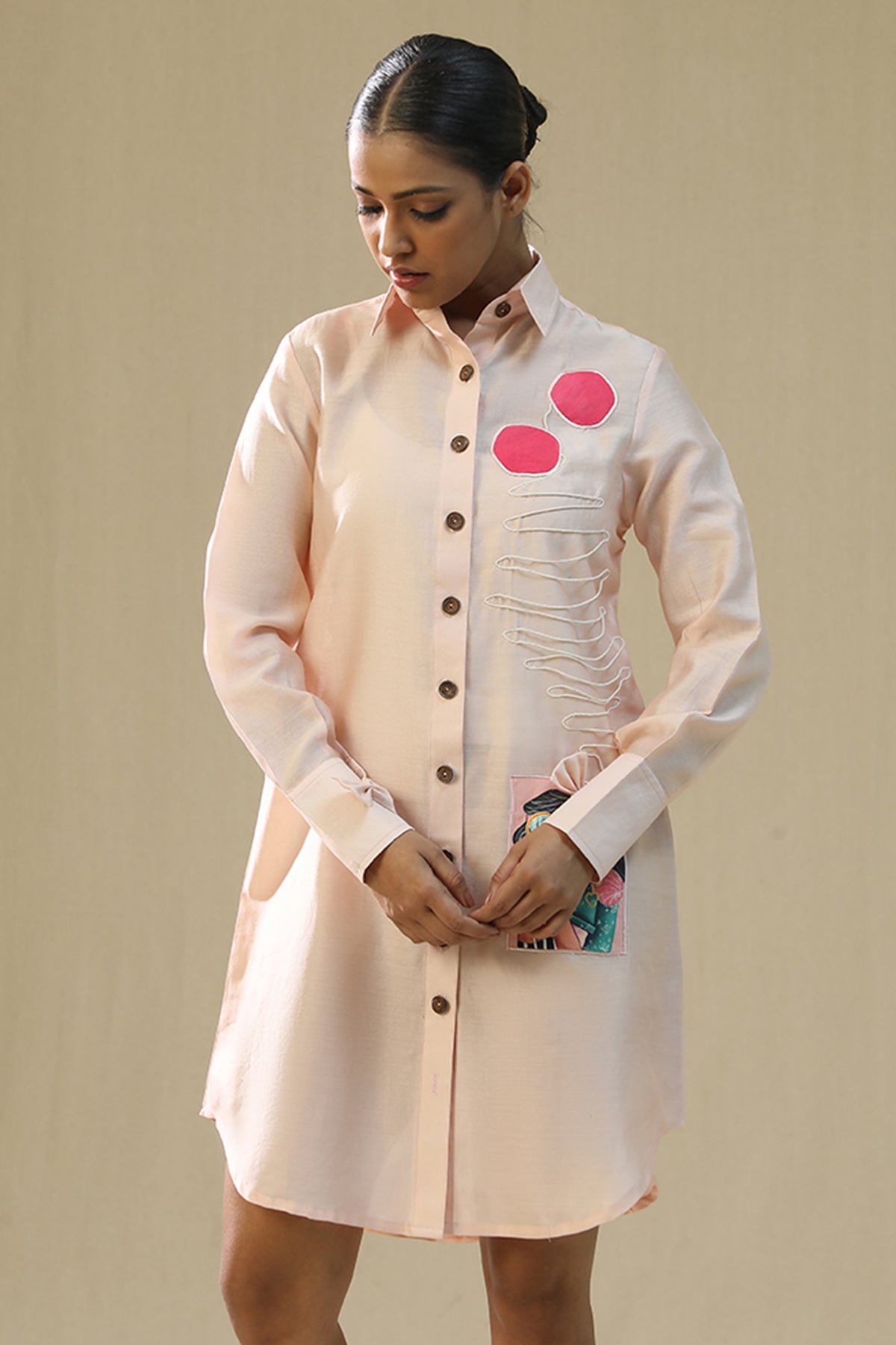 Buy Baby Pink Handpainted Shirt Dress by Arpita Sulakshana for women online at ScrollnShops
