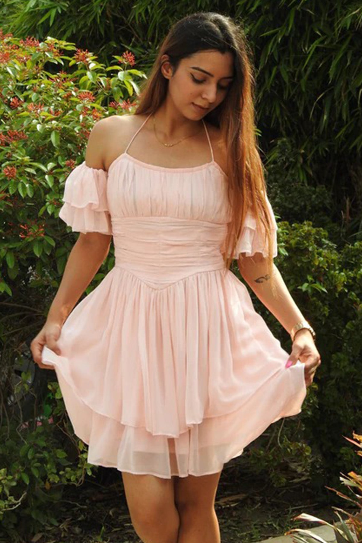 Buy Baby Pink Layered Frill Dress for women by Seoraa online available at scrollnshops