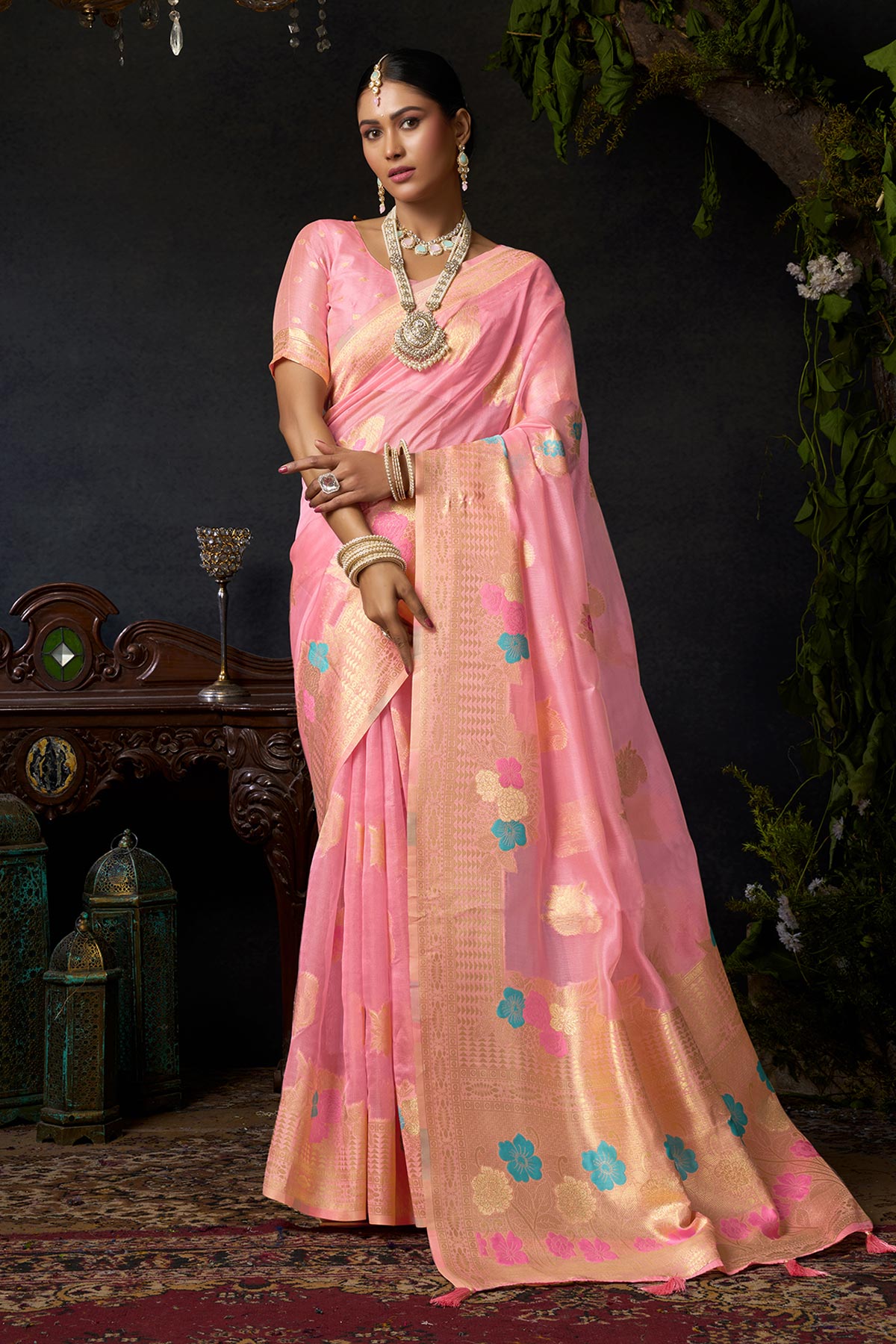 Buy Baby Pink Organza khadi Saree for women by Jyoti Fashion online available at scrollnshops