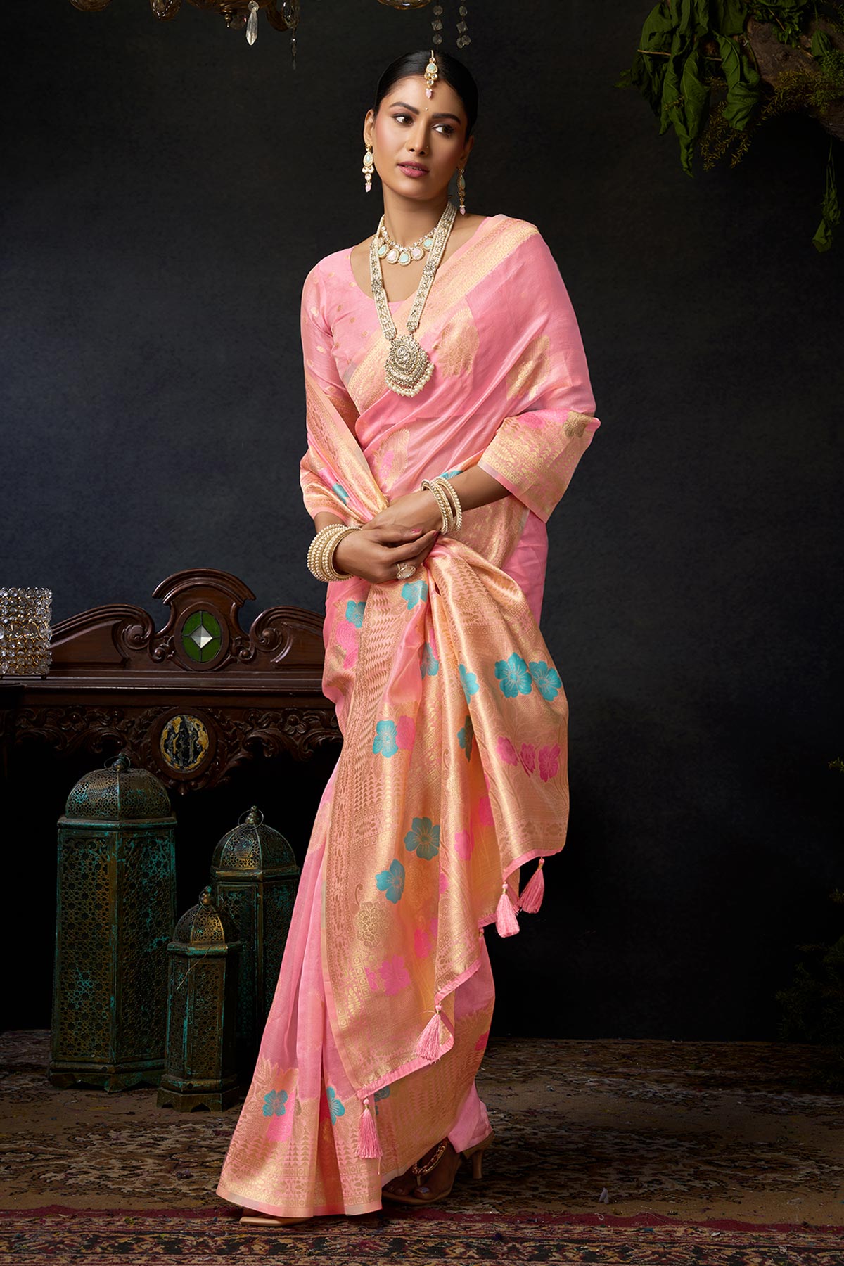 Baby Pink Organza khadi Saree