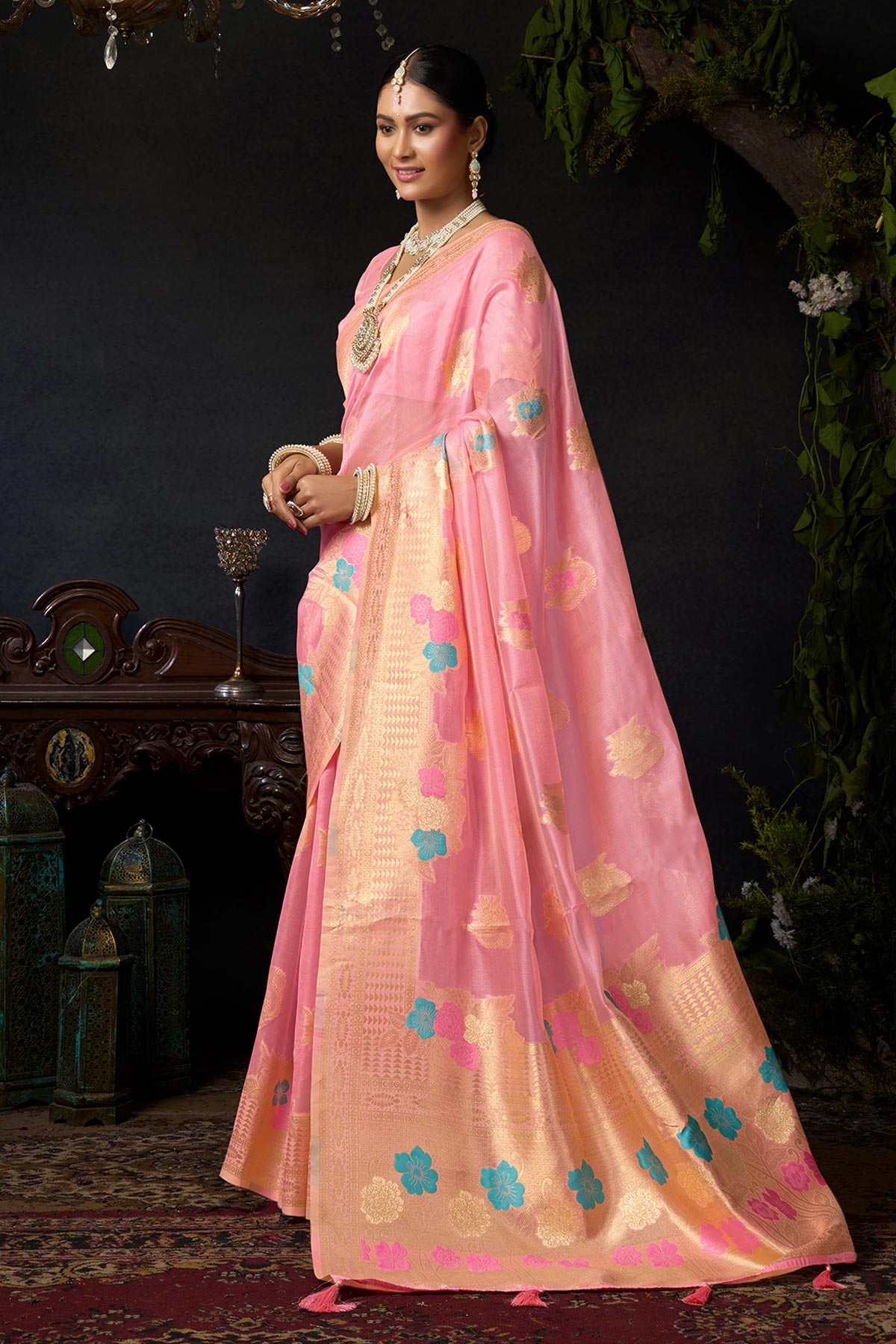 Baby Pink Organza khadi Saree