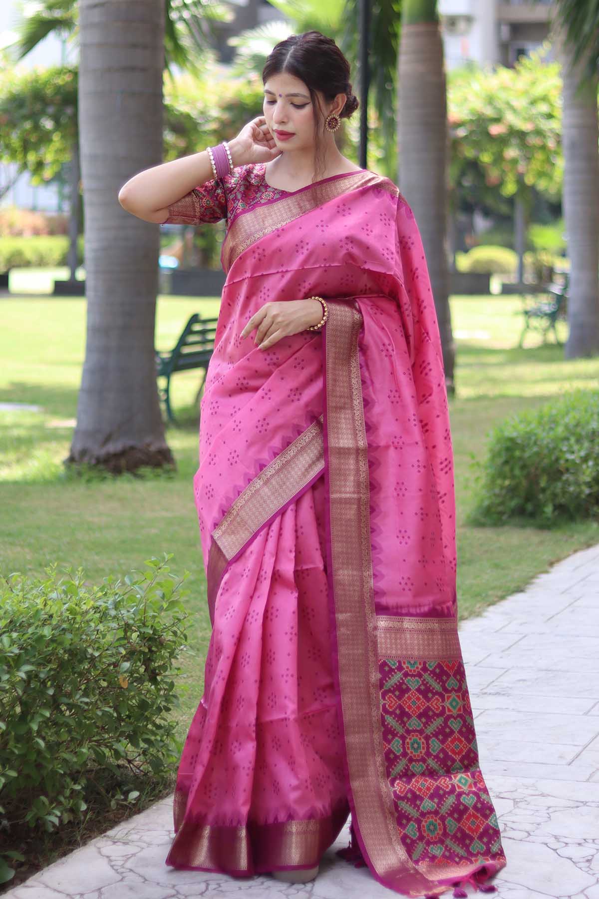 Buy Baby Pink Raw Silk Patola Saree by Lili Lala for women online at ScrollnShops