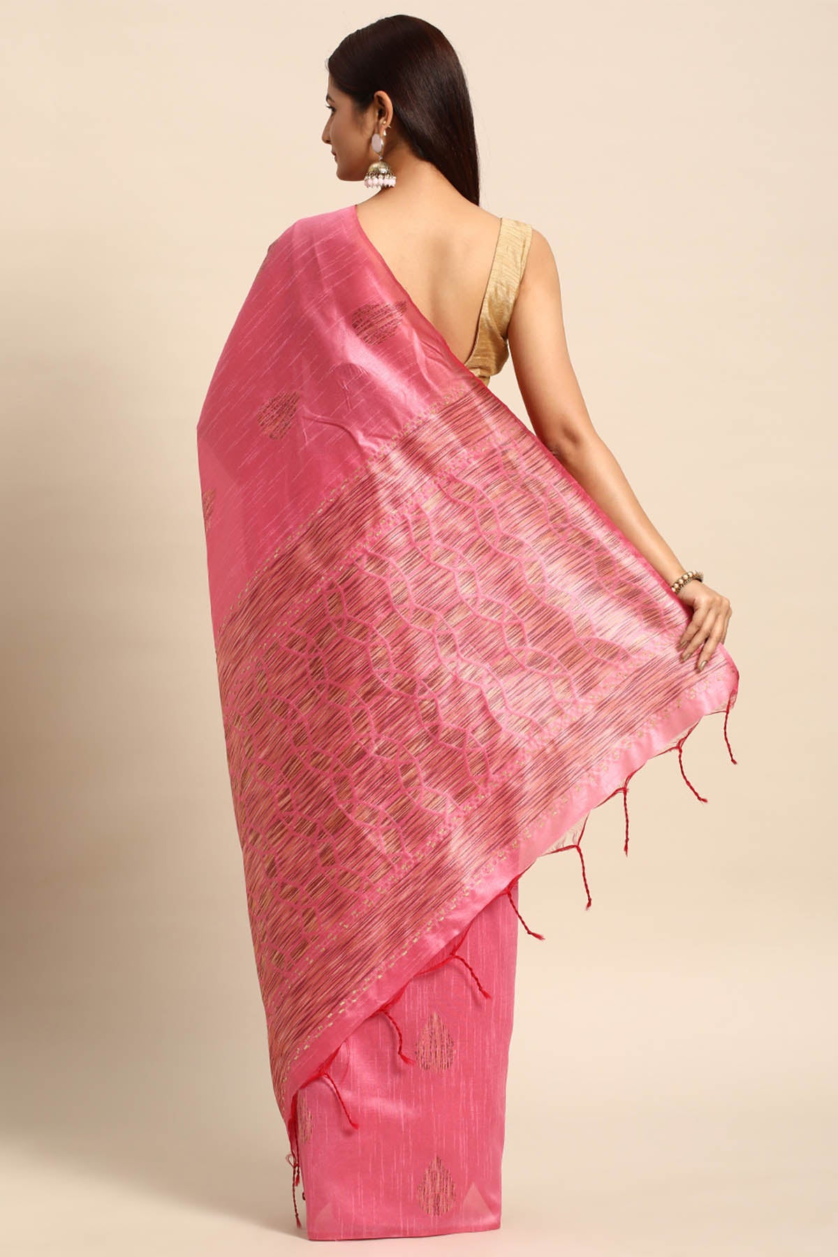 Baby Pink Woven Butti Work Saree