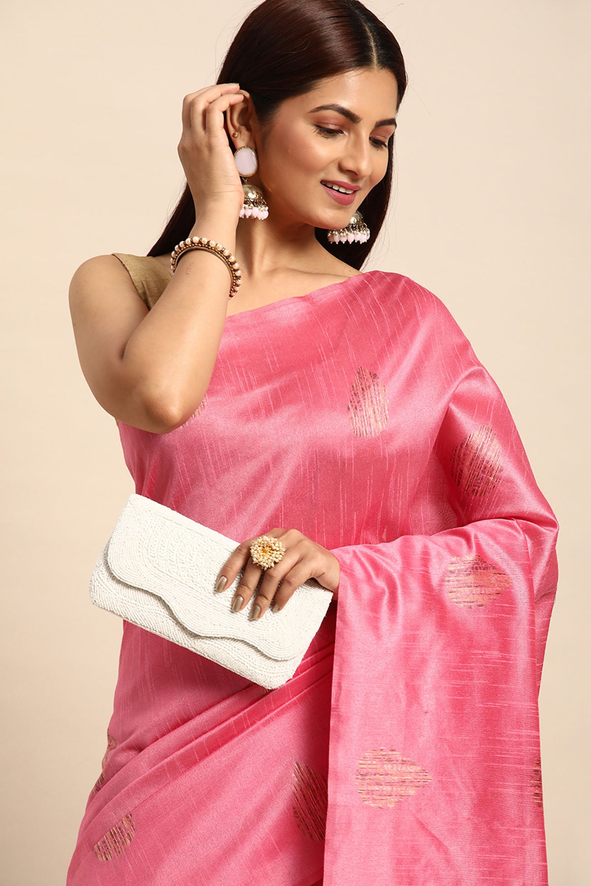 Baby Pink Woven Butti Work Saree