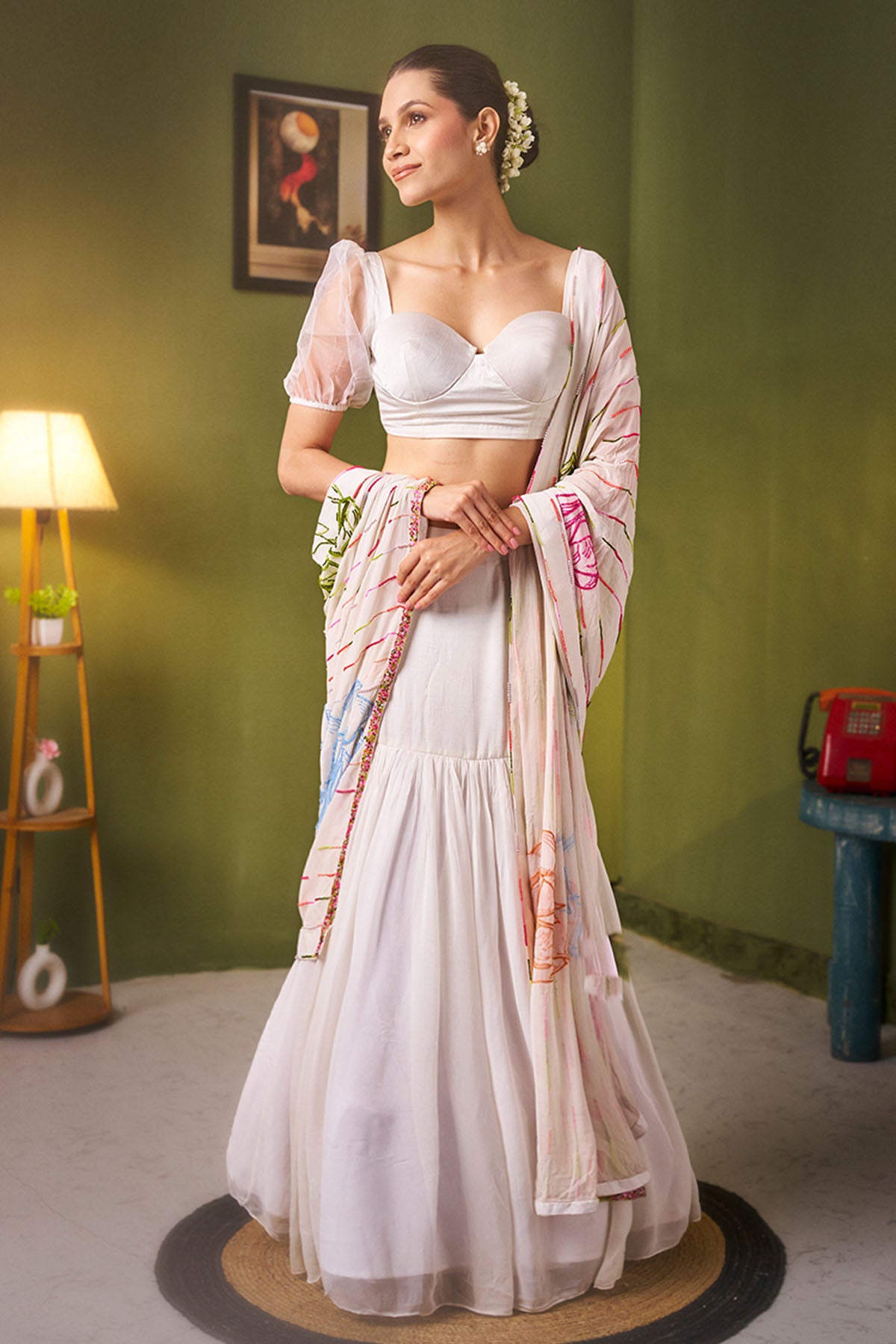 Bamberg Satin White Lehenga Set