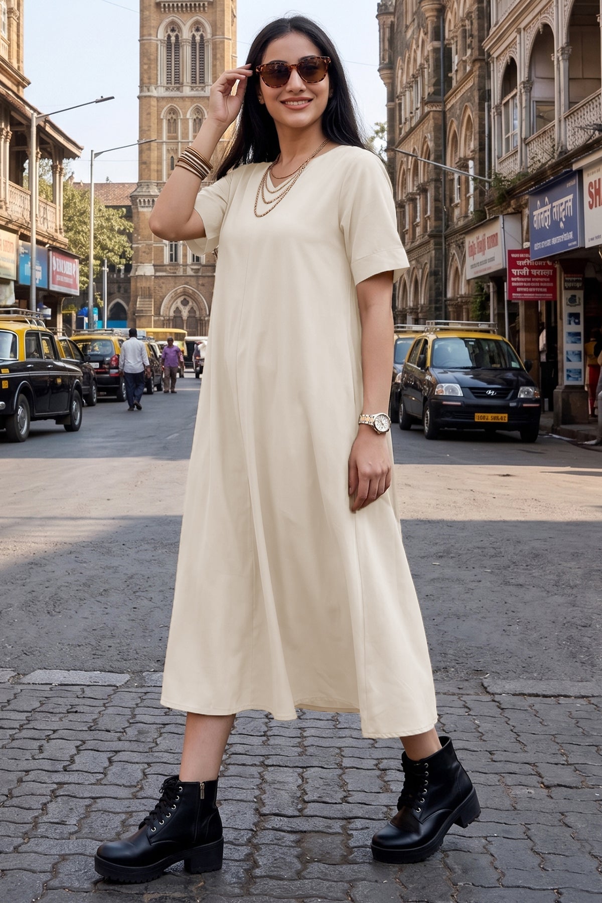 Buy Bamboo Cotton Cream Flare Dress for women by Sneha B online available at scrollnshops