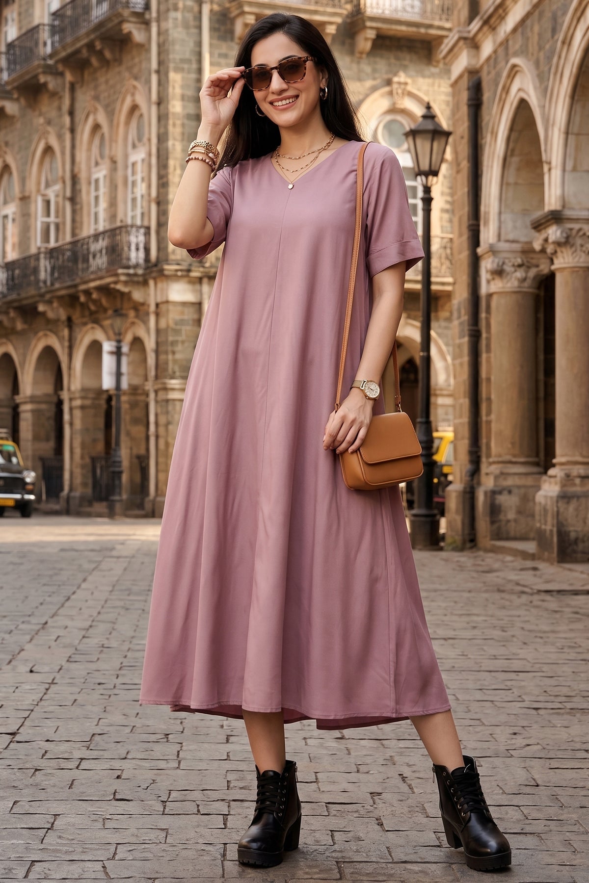 Buy Bamboo Cotton Mauve Flare Dress for women by Sneha B online available at scrollnshops
