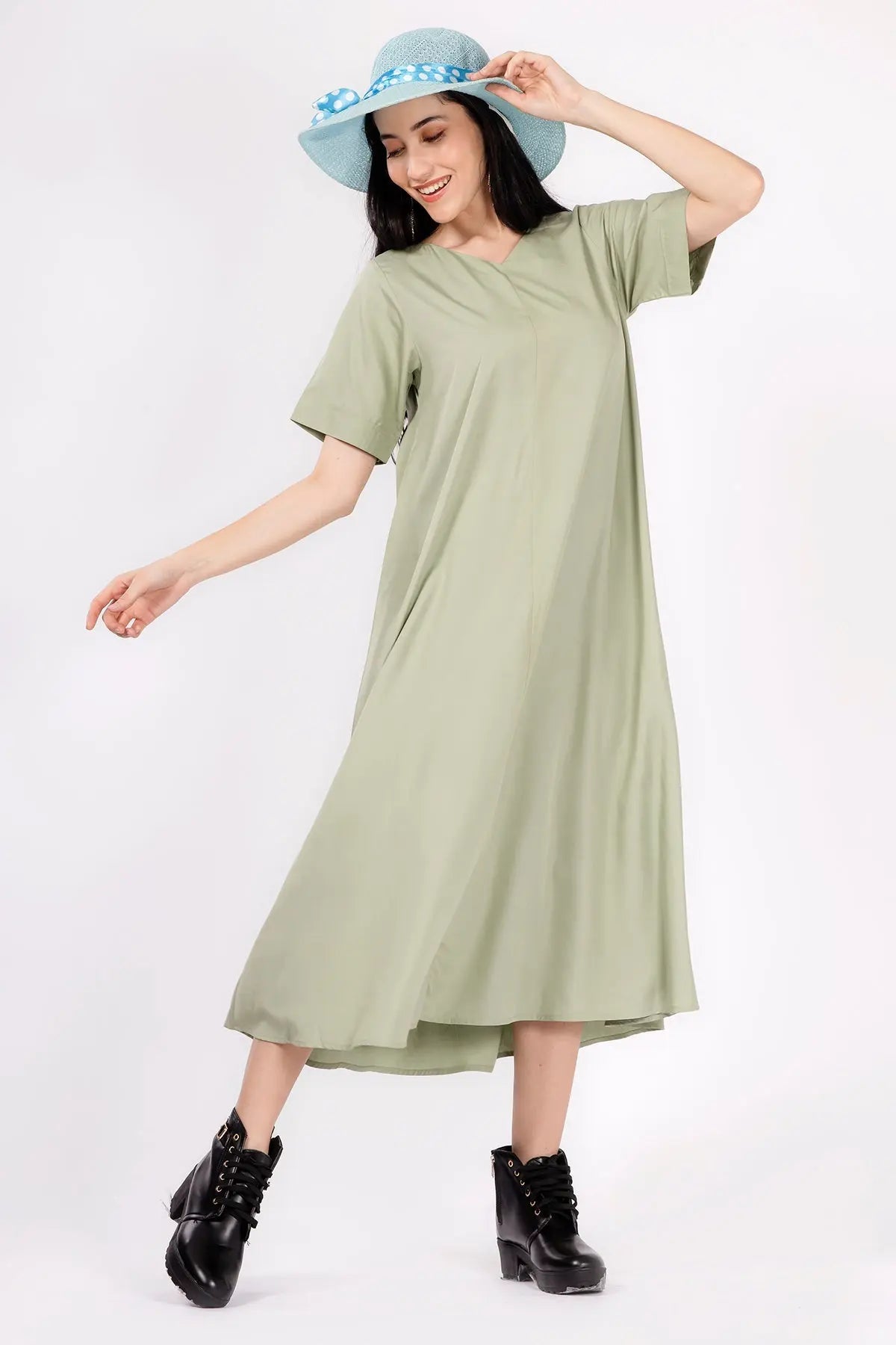 Bamboo Cotton Sage Flare Dress