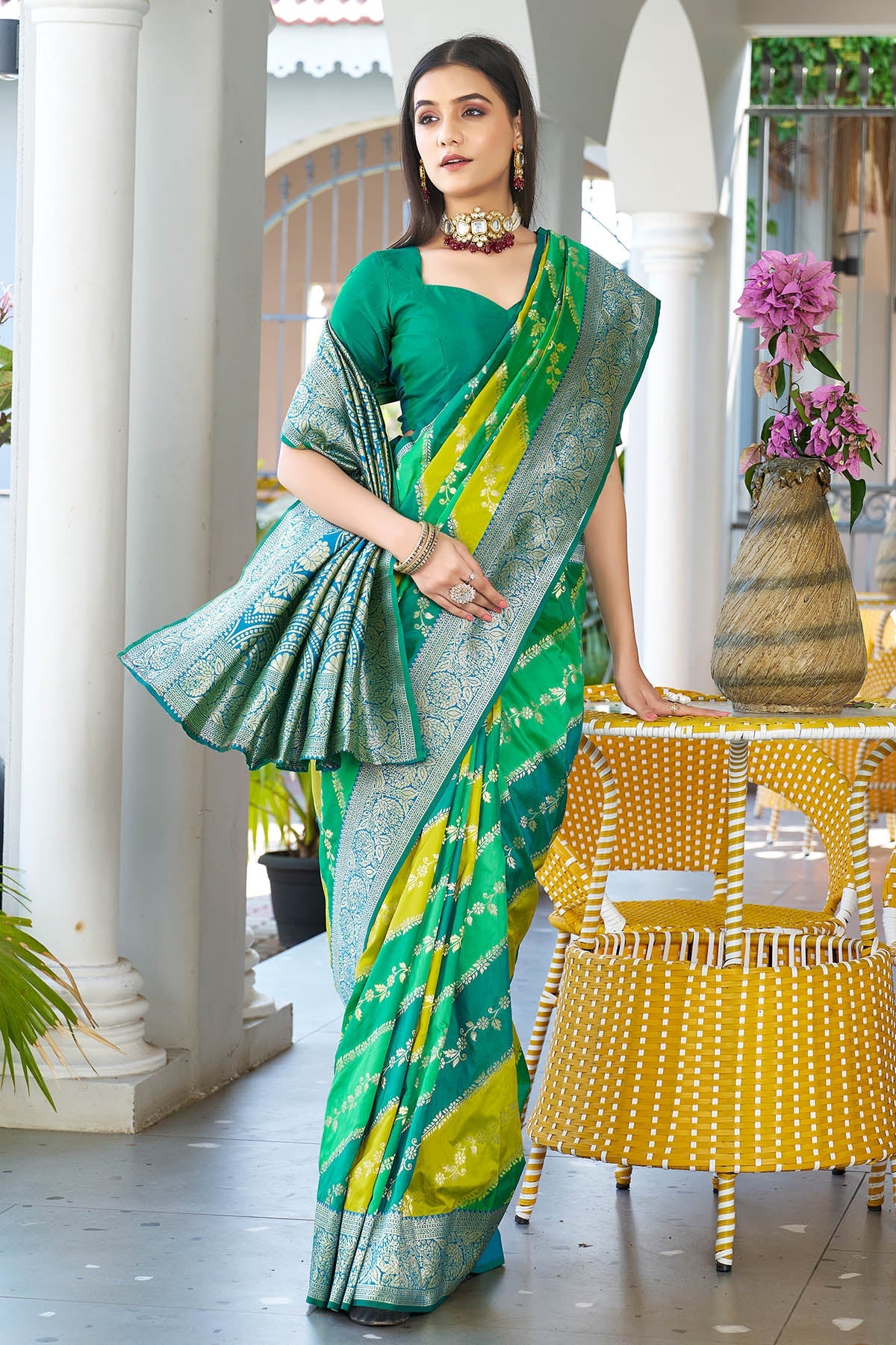 Buy Banarasi Silk Green Zari Saree by Lili Lala for women online at ScrollnShops