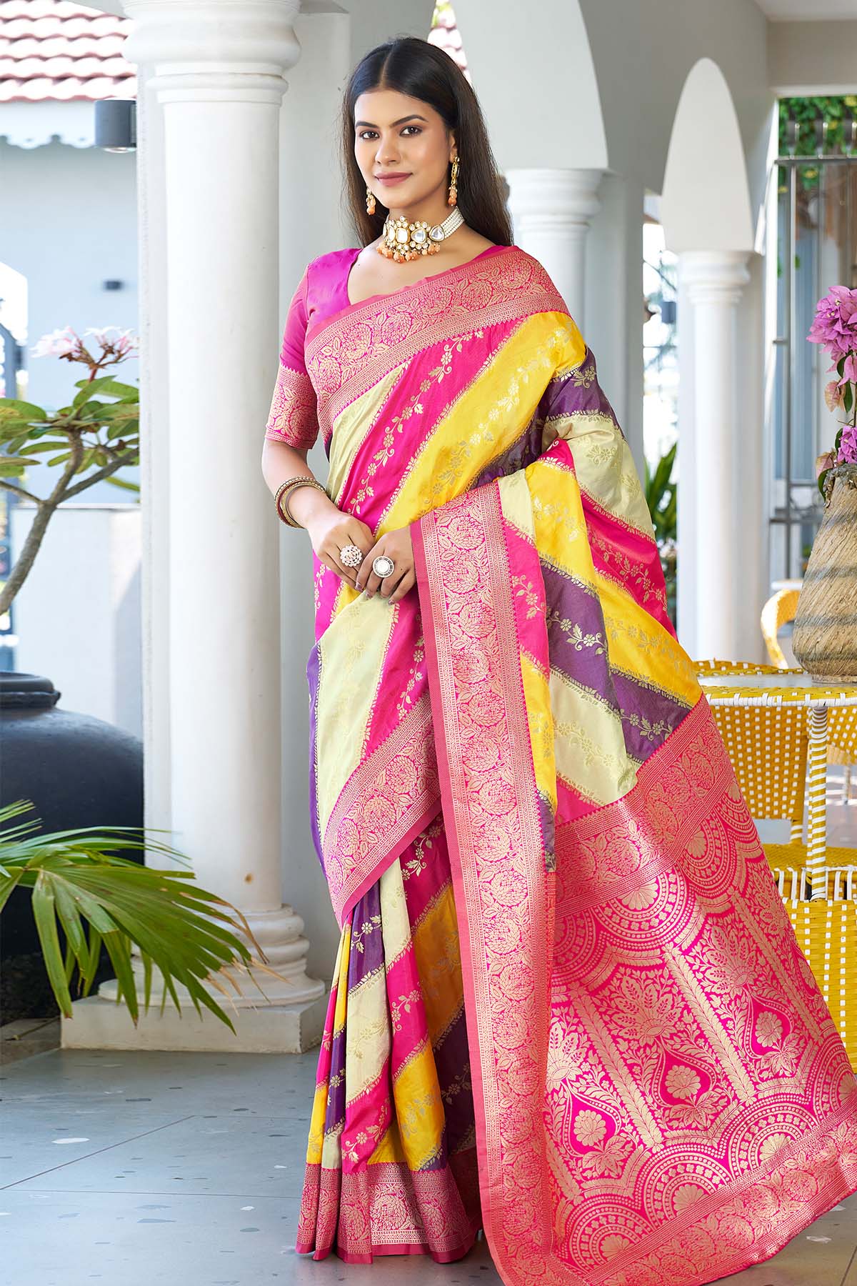 Buy Banarasi Silk Yellow Zari Saree by Lili Lala for women online at ScrollnShops