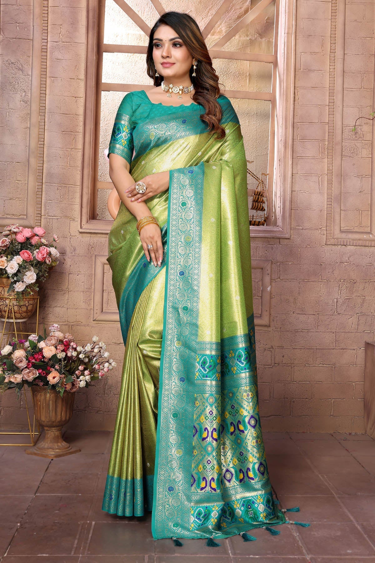 Buy Banarasi Weaving Pista Saree for women by Aastha Fashion online available at scrollnshops