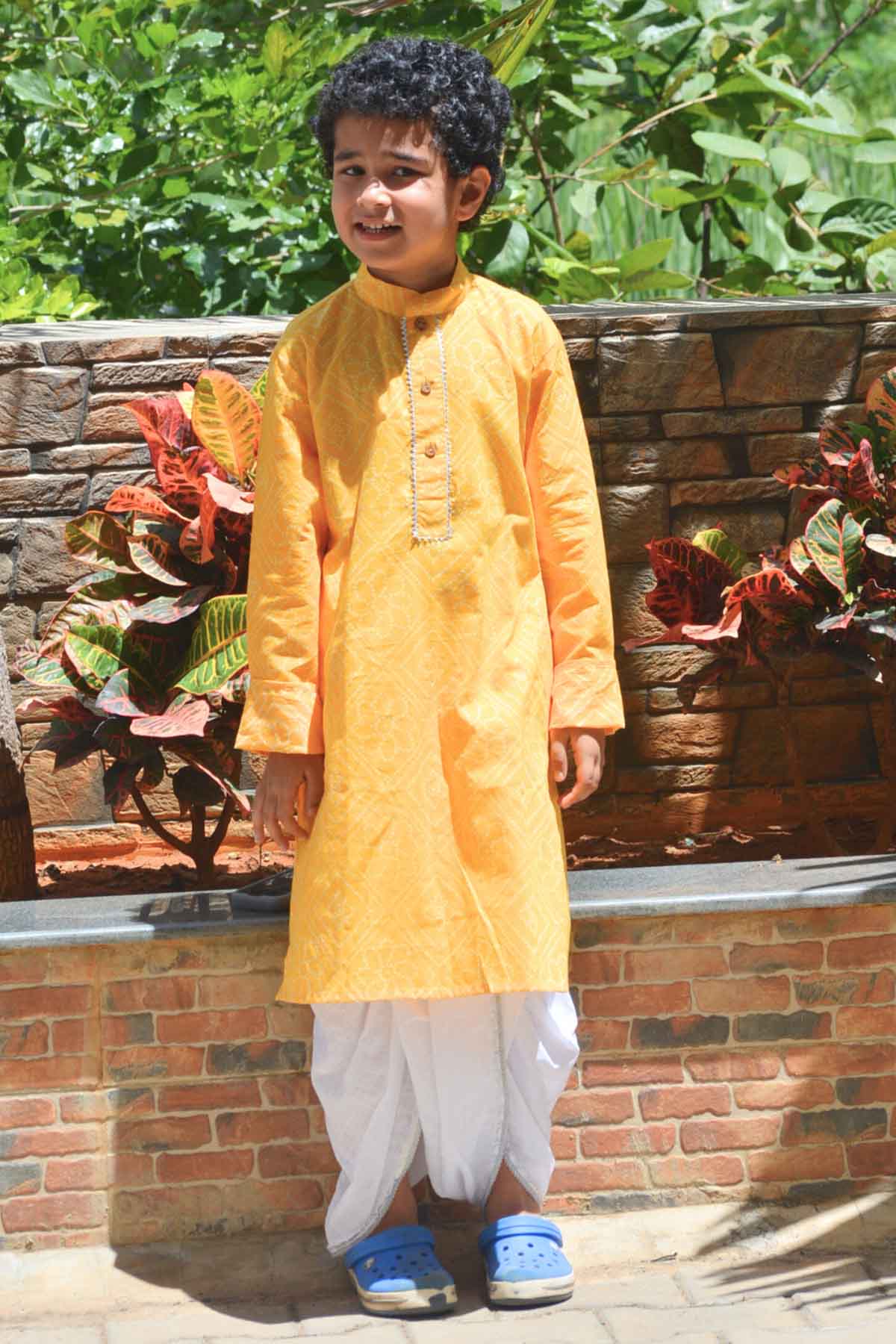 Mamma's Bear Bandhani Print Yellow Kurta Set for kids online at ScrollnShops