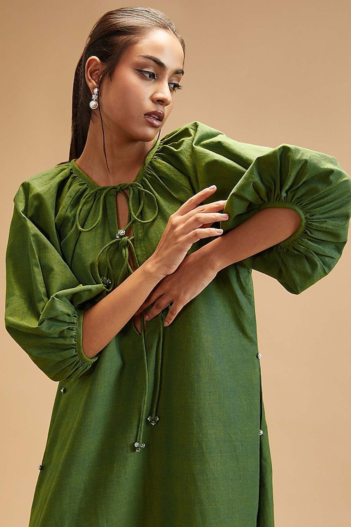 Basil Green Puff Sleeve Dress