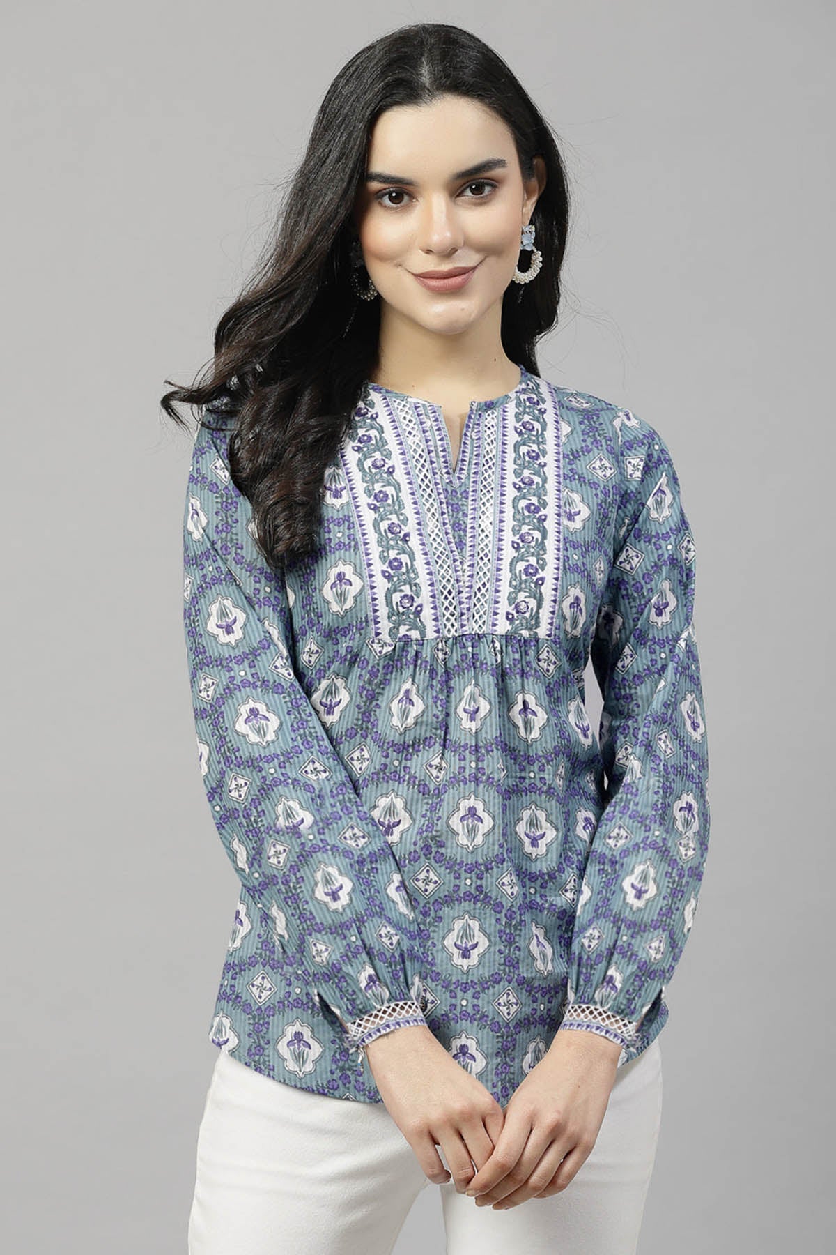 Buy Basil Green Printed Yoke Top for Women by Qomn Designer online available at scrollnshops