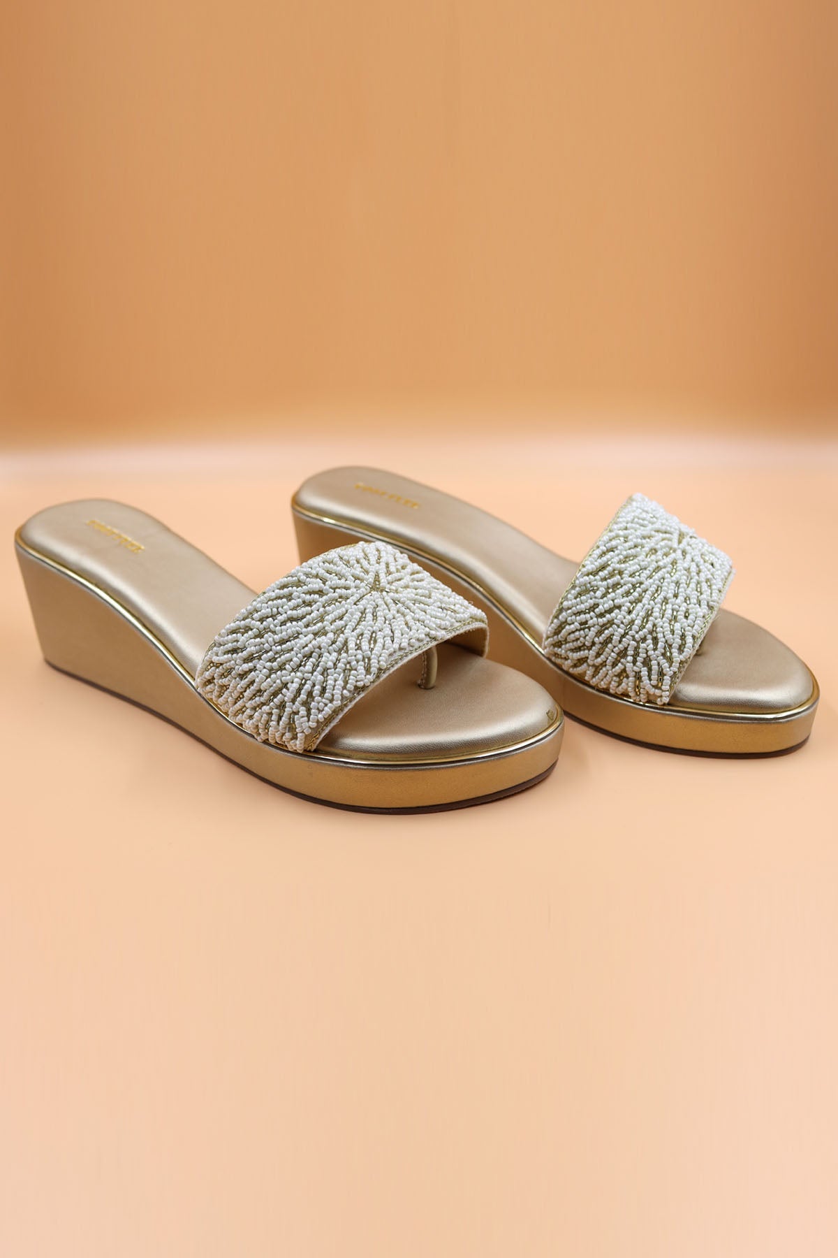 Foot Fuel Bead Embroidered Gold Wedges for accessories online at ScrollnShops