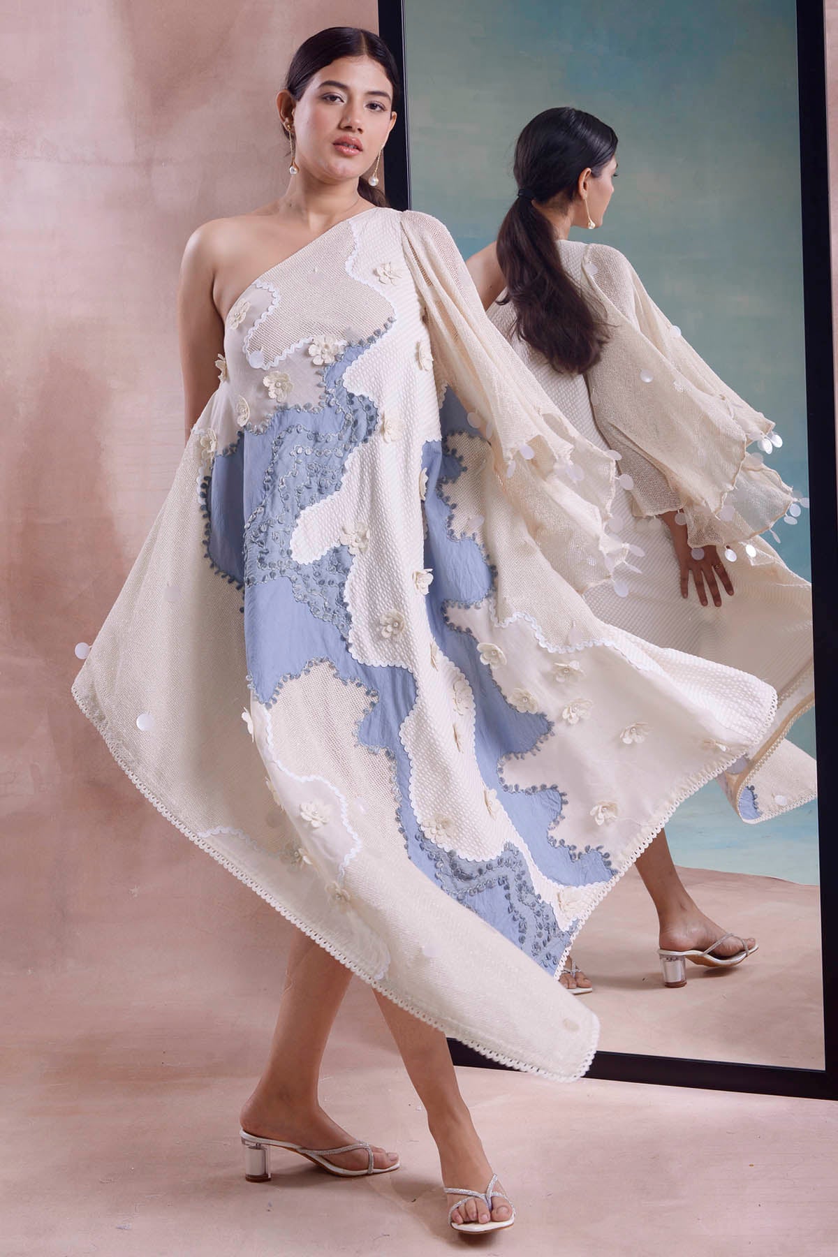 Beaded One Shoulder Scarf Dress