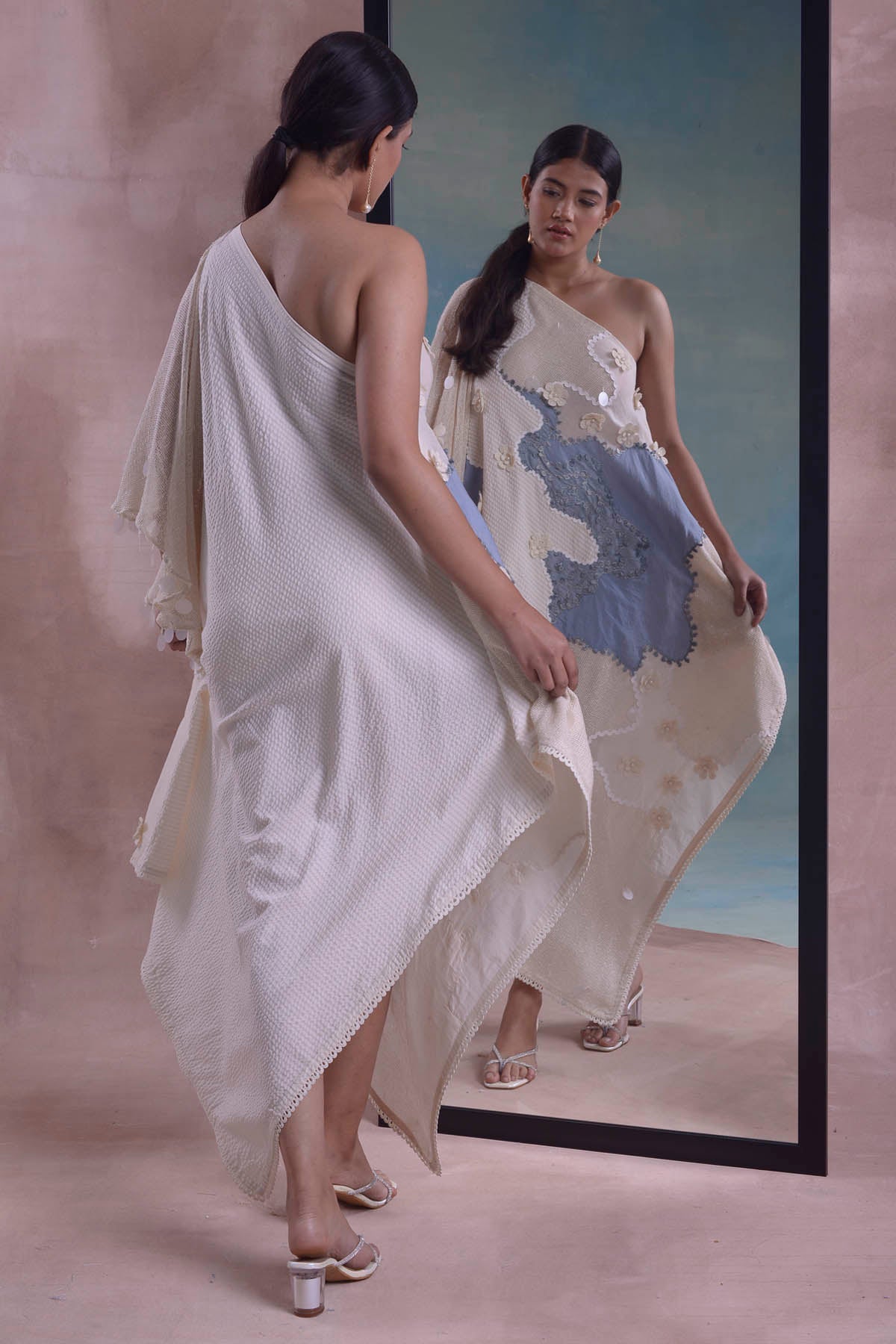 Beaded One Shoulder Scarf Dress