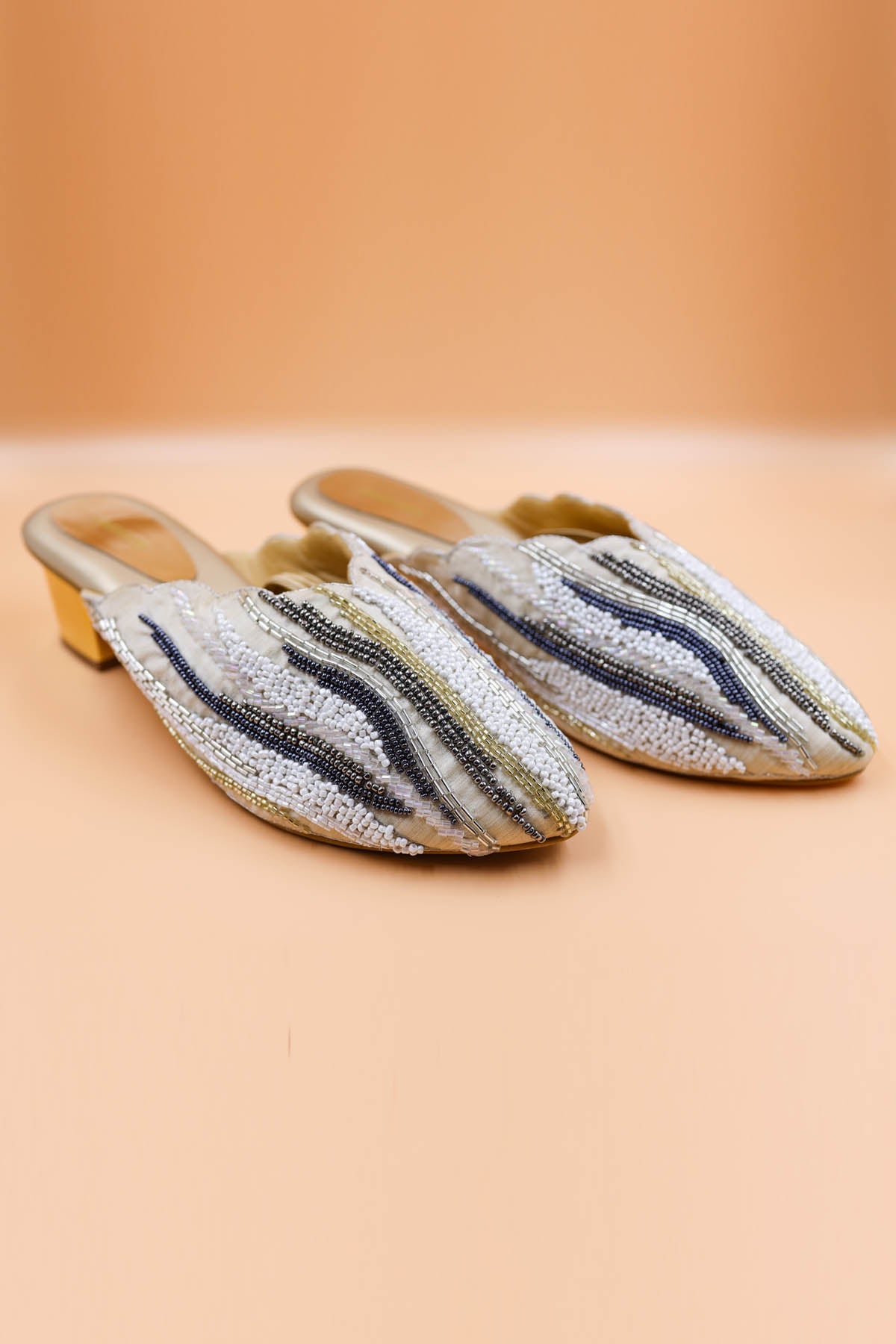 Foot Fuel Beads Embroidered Gold Mules for accessories online at ScrollnShops