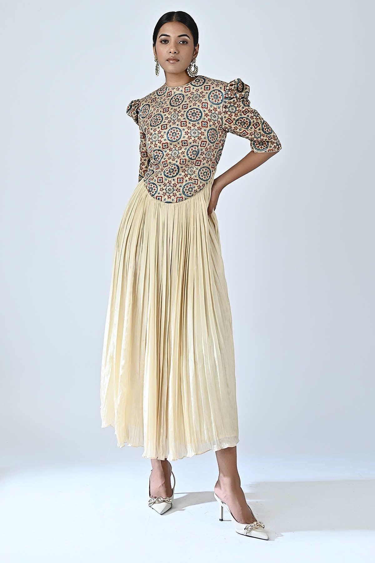 Beige Ajrakh Gathered Midi Dress