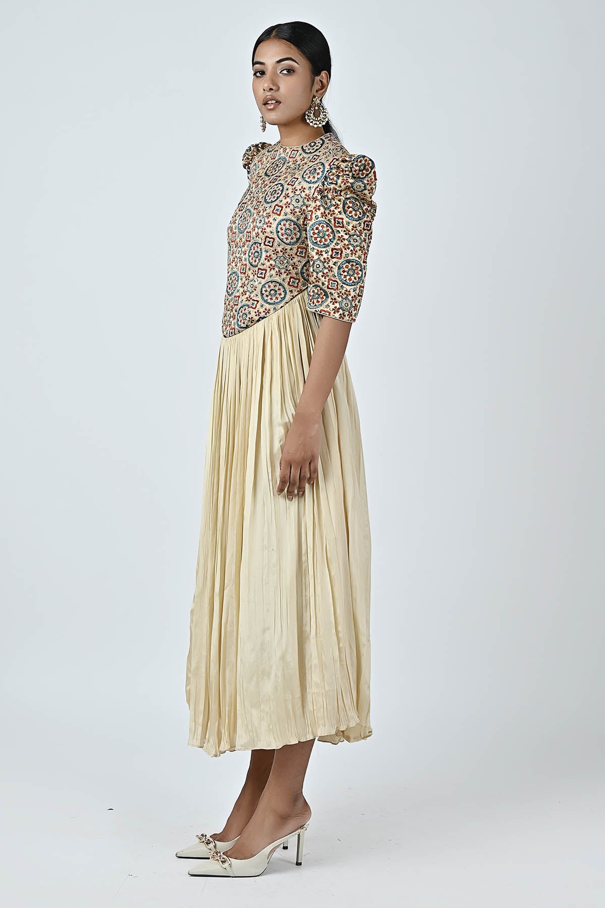 Beige Ajrakh Gathered Midi Dress