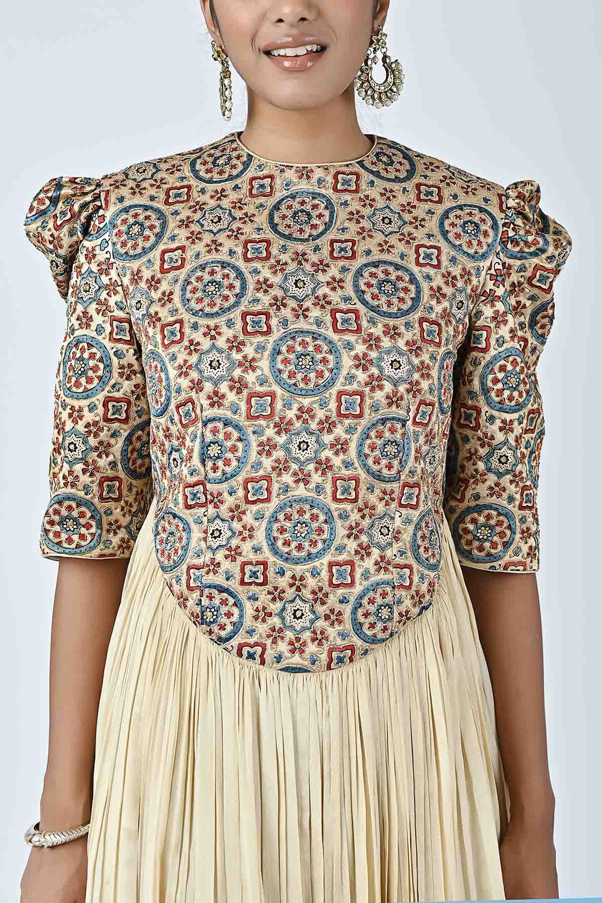 Beige Ajrakh Gathered Midi Dress