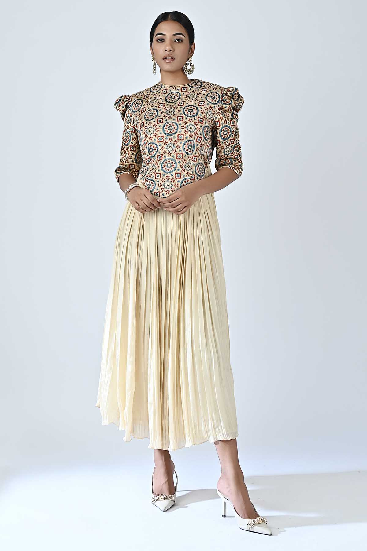 Beige Ajrakh Gathered Midi Dress