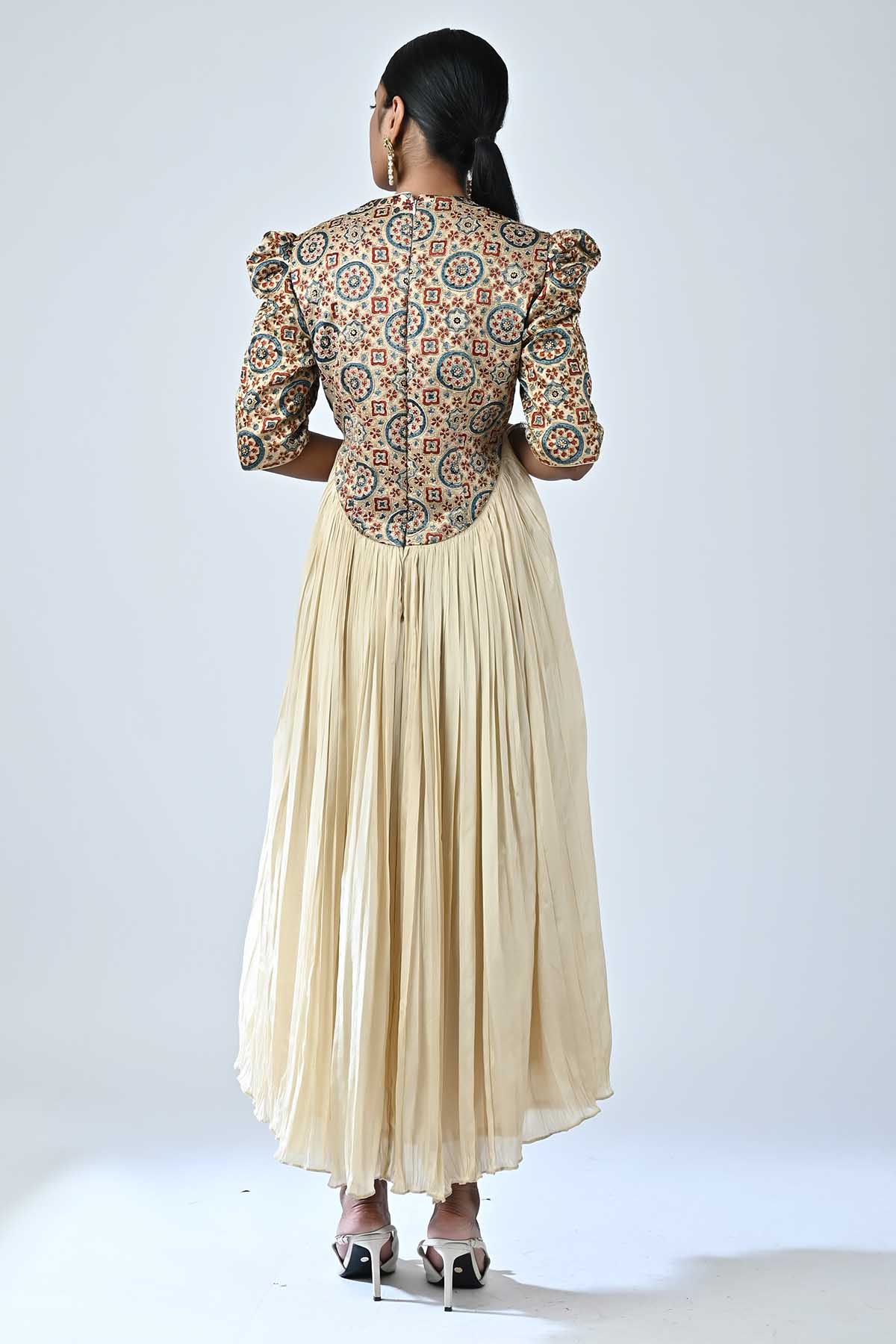 Beige Ajrakh Gathered Midi Dress