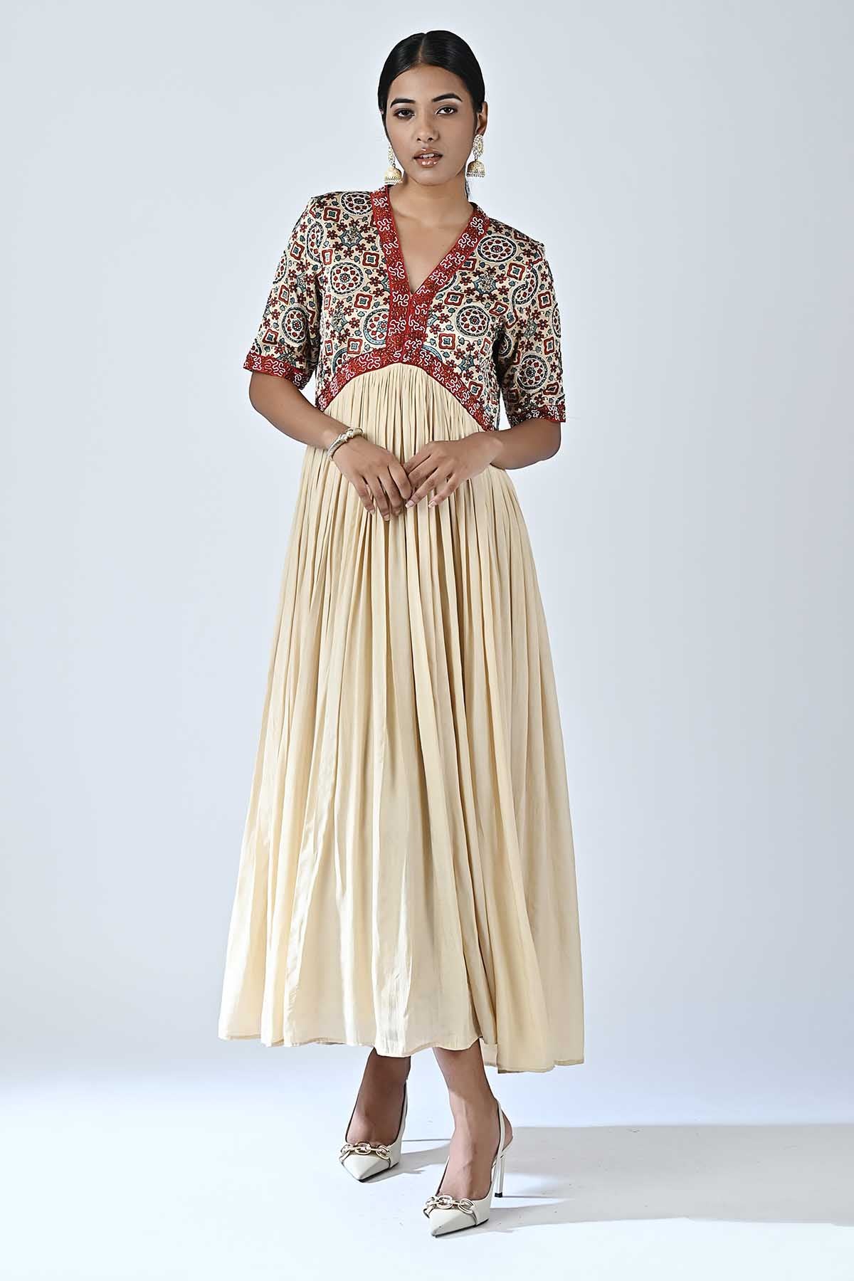 Beige Ajrakh Layered Midi Dress