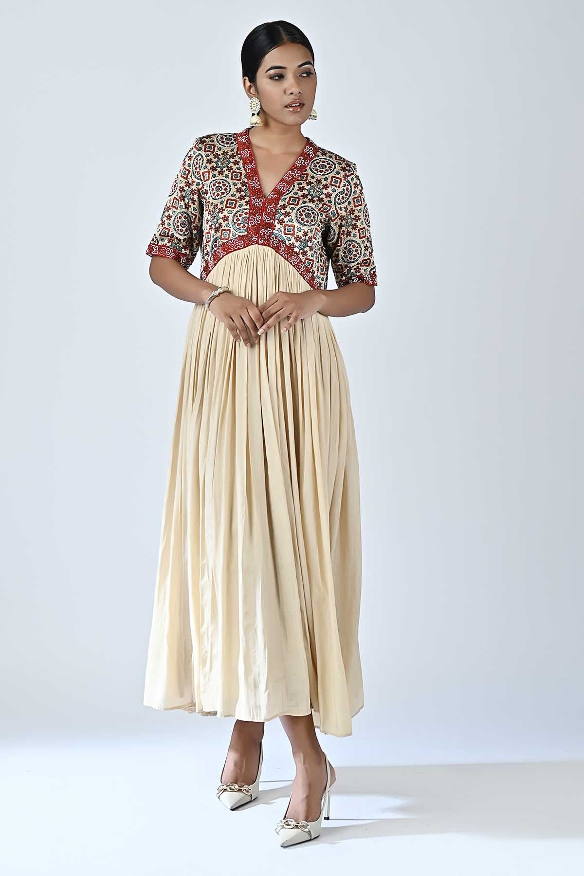 Beige Ajrakh Layered Midi Dress