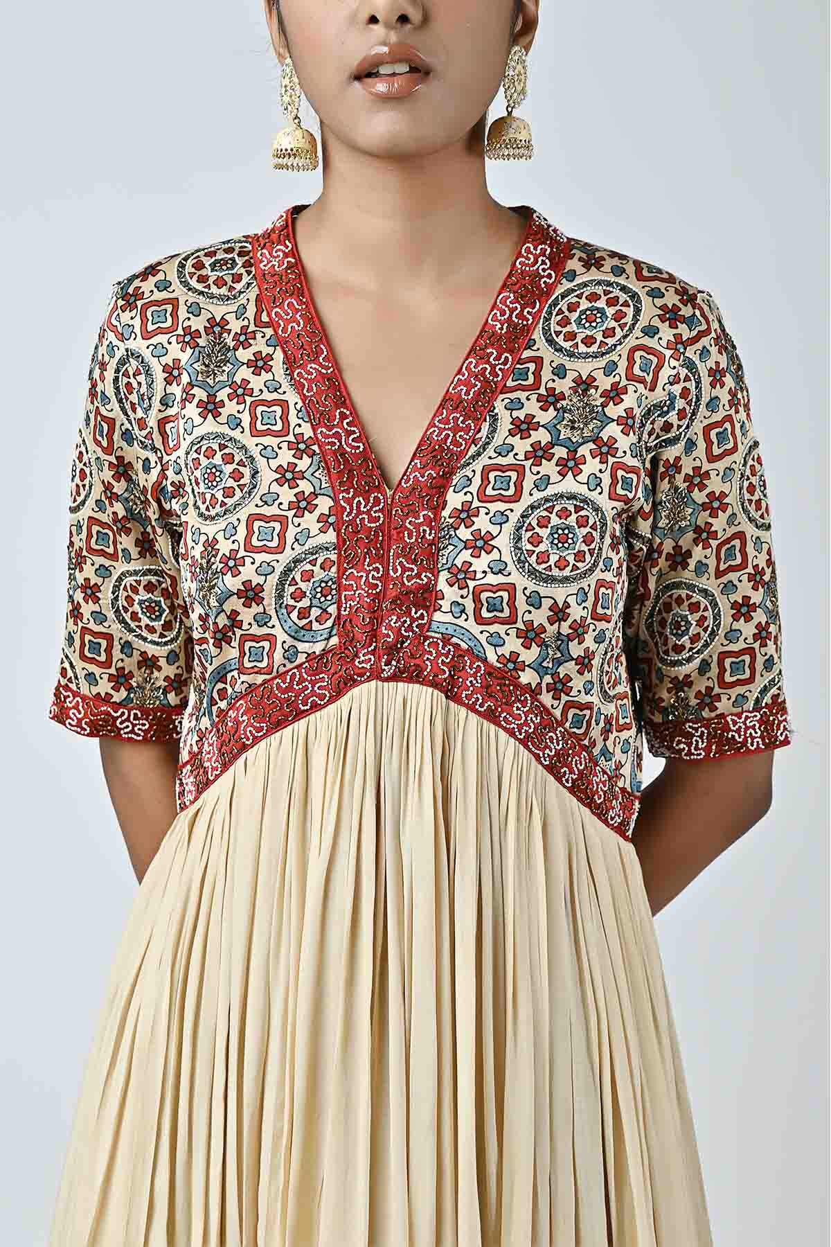 Beige Ajrakh Layered Midi Dress