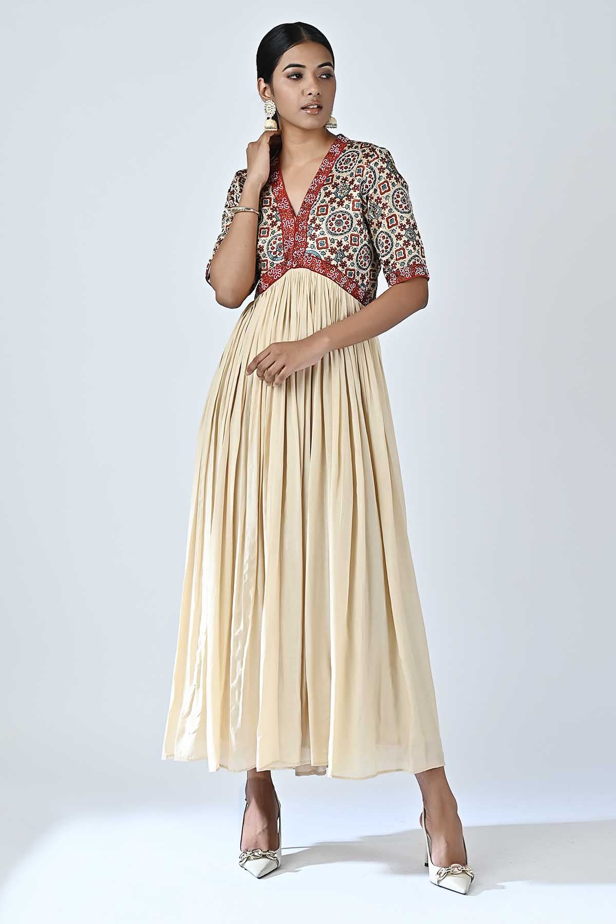 Beige Ajrakh Layered Midi Dress