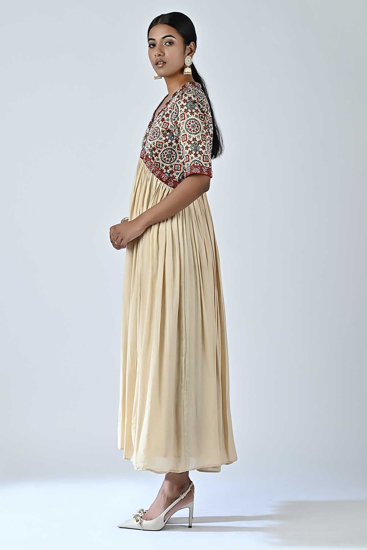 Beige Ajrakh Layered Midi Dress