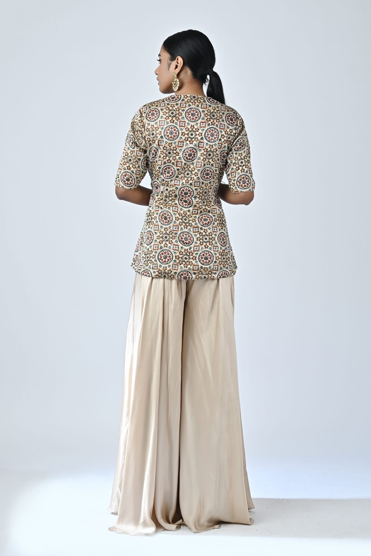 Beige Ajrakh Peplum Top & Pants
