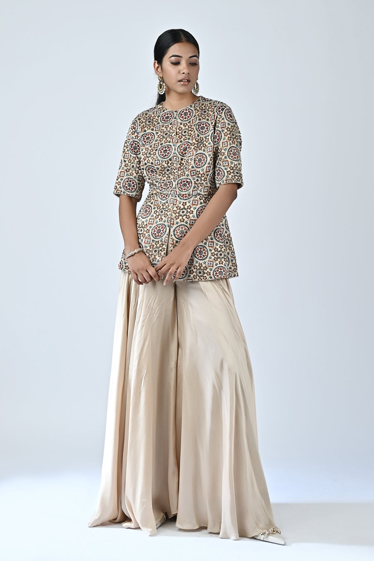 Beige Ajrakh Peplum Top & Pants