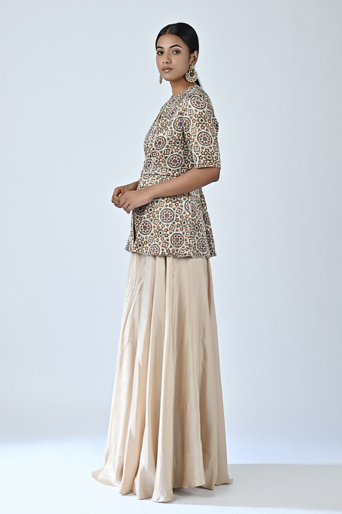 Beige Ajrakh Peplum Top & Pants