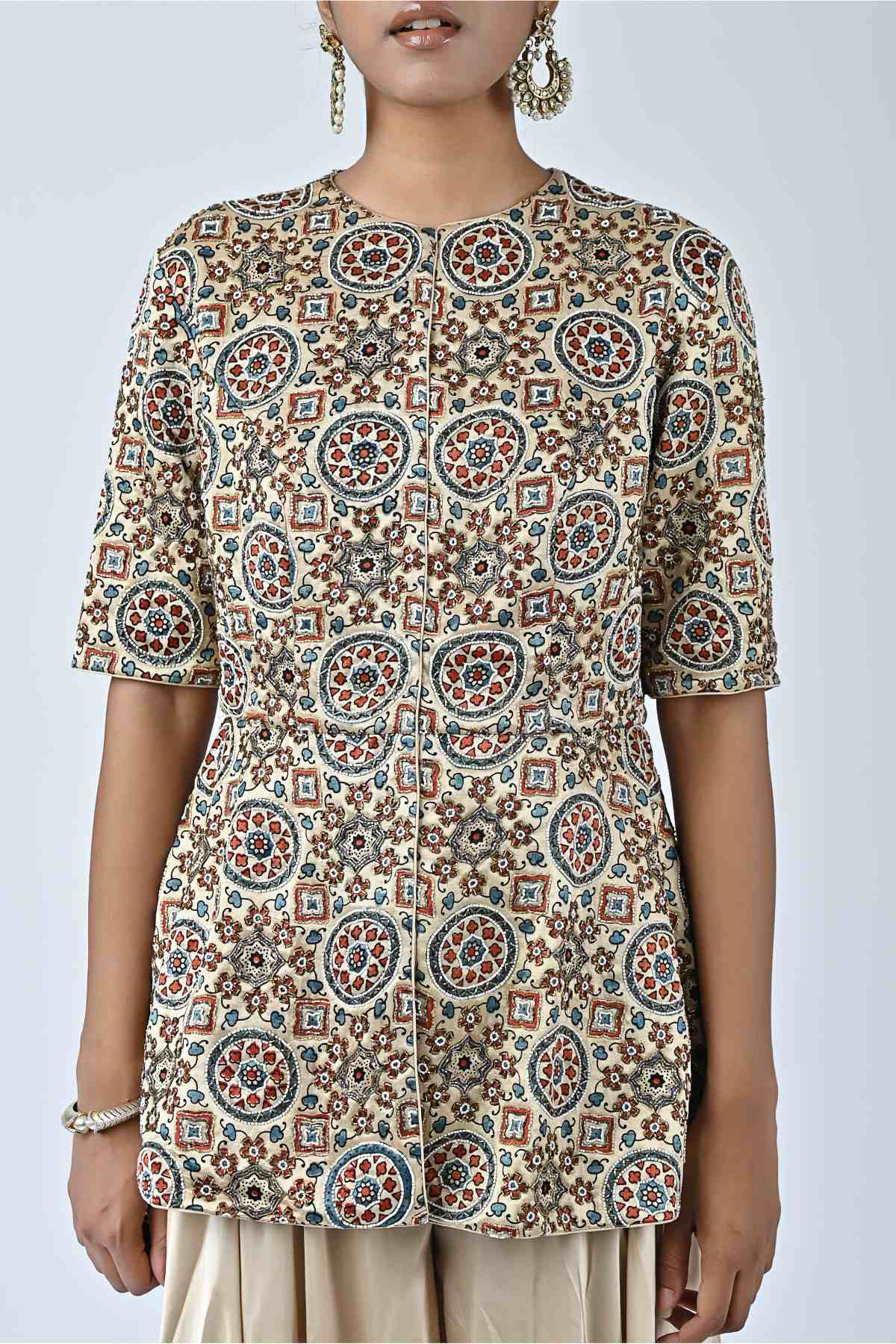 Beige Ajrakh Peplum Top & Pants