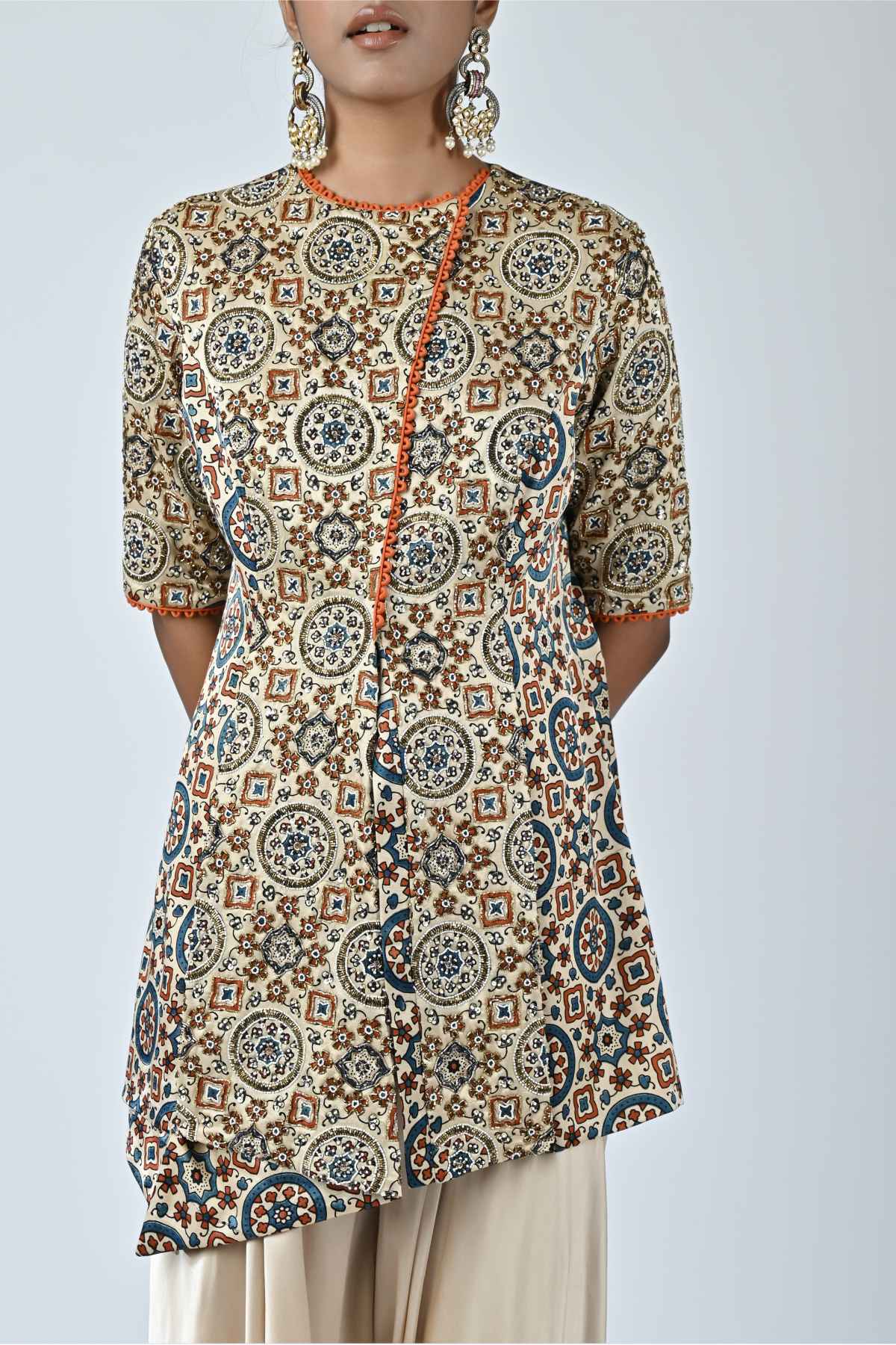 Beige Ajrakh Print Top & Pants