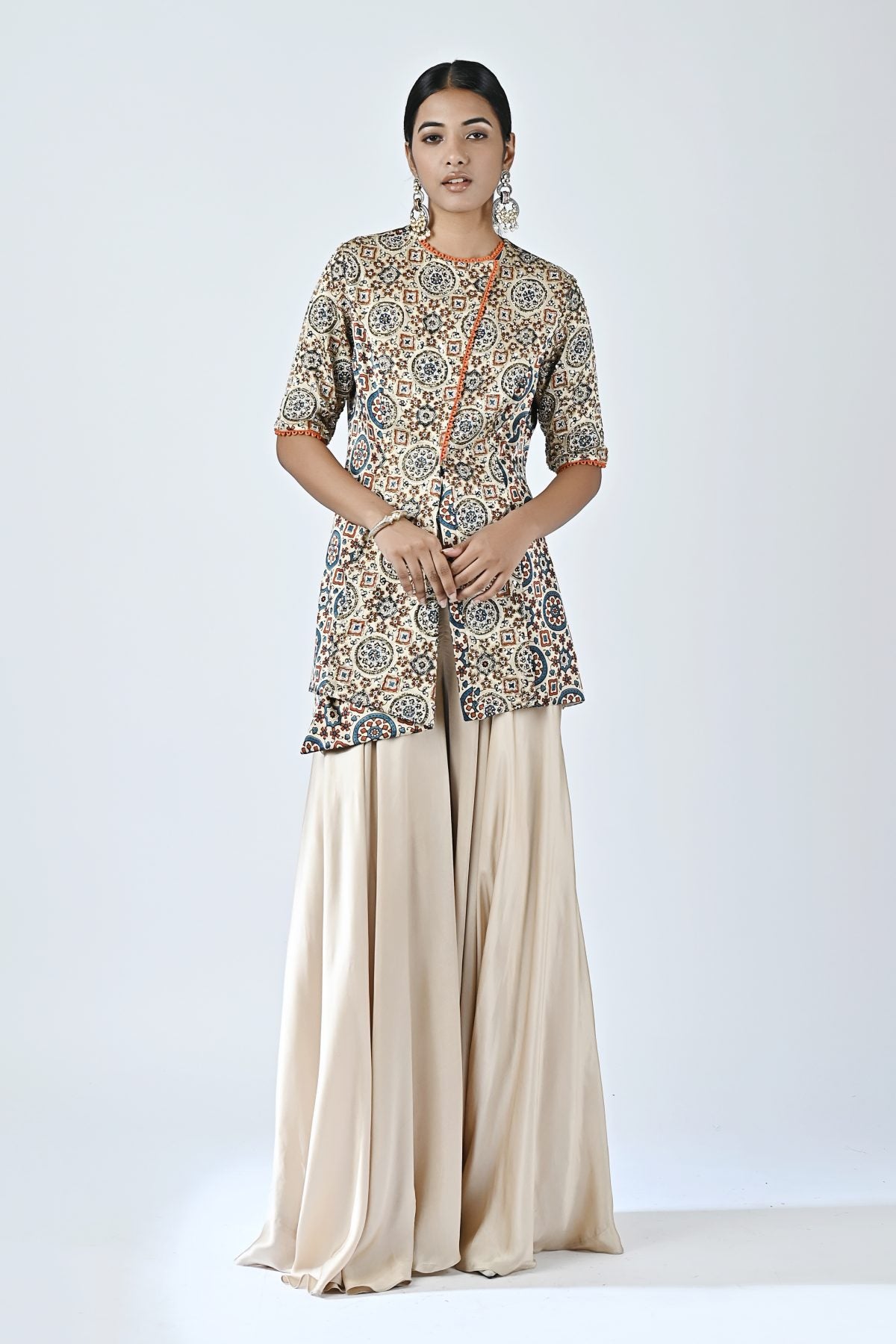 Beige Ajrakh Print Top & Pants