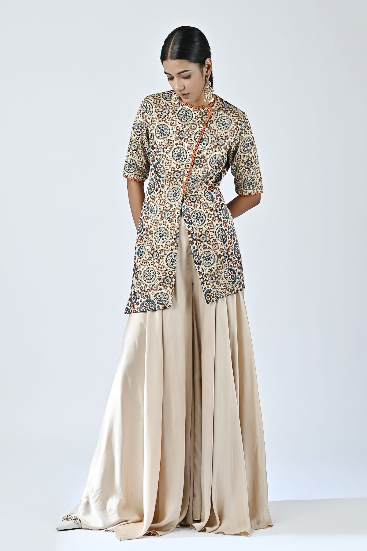 Beige Ajrakh Print Top & Pants