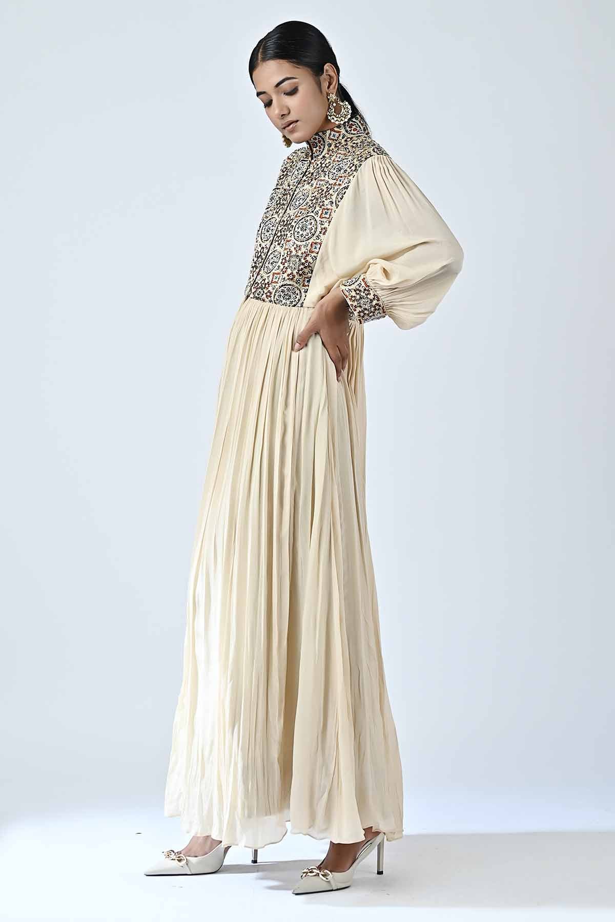 Beige Ajrakh Printed Midi Dress